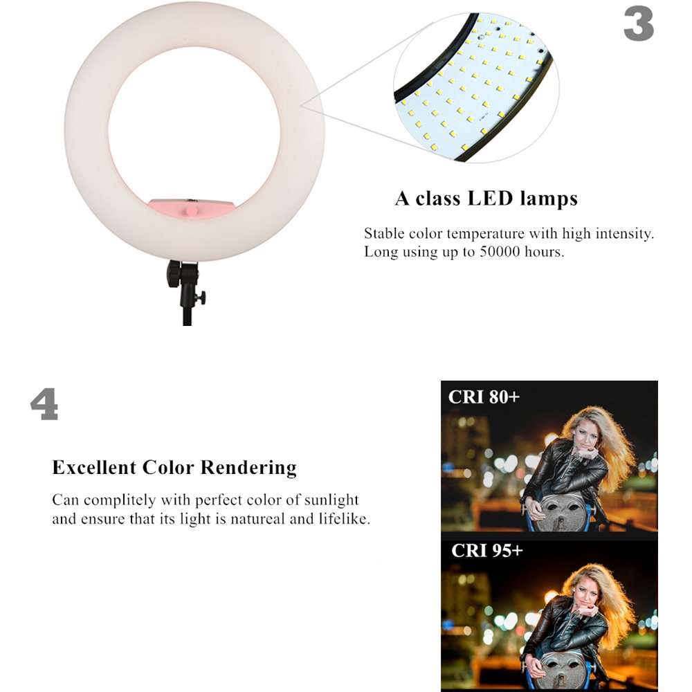 Yidoblo 18" LED Ring Light Kit Bi-Color Dimmable Photo Studio Video Portrait Film Selfie YouTube Photography Lighting Set with Phone/Camera Holder, Makeup Mirror, Stand and Travel Bag Pink 3
