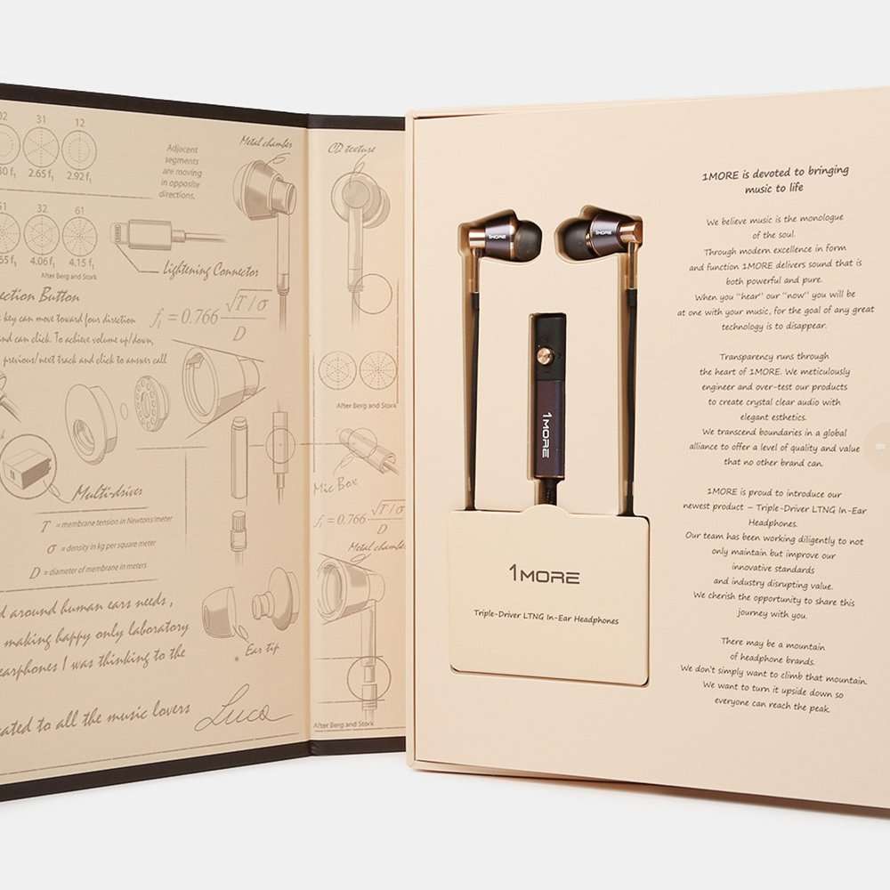 1MORE Triple-driver Headphones In-Ear Hi-Res Audio Earphones with Microphone and Remote Control Lightning Connector for iPhone7 iPhone 8 iPhone X, iPad & iPod - E1001L Gold 6