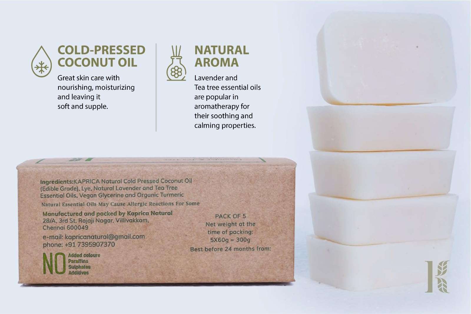Kaprica Natural Handcrafted Pure Cold Pressed Coconut Oil Soap- Lavender and Tea Tree (pack of 5) 6