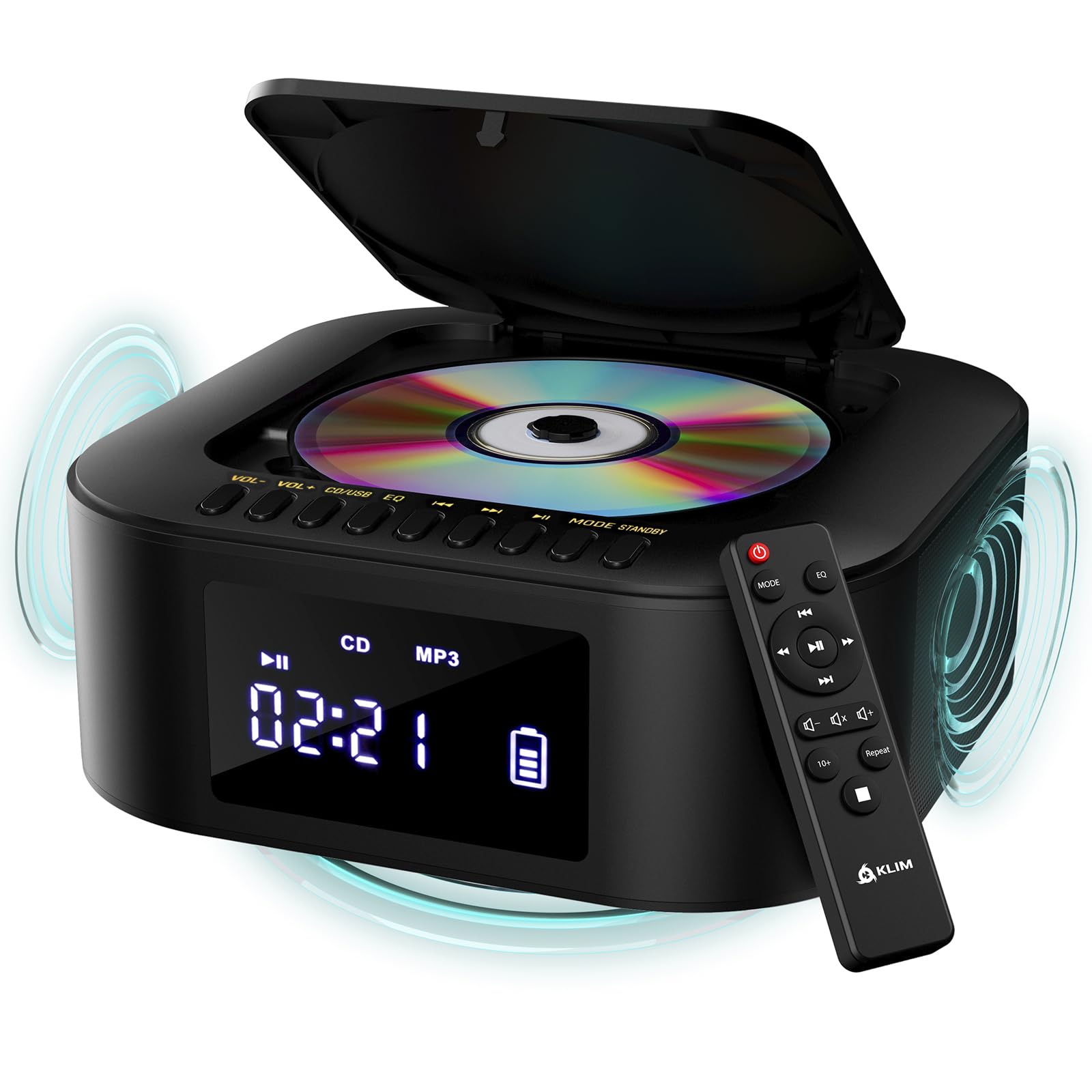 KLIM Boombox E1 – Portable CD Player with Subwoofer – Extra Bass, Bluetooth, FM Radio, USB, AUX, MP3 – Rechargeable Battery, Wired & Wireless Modes, Remote Control – Black/Gold