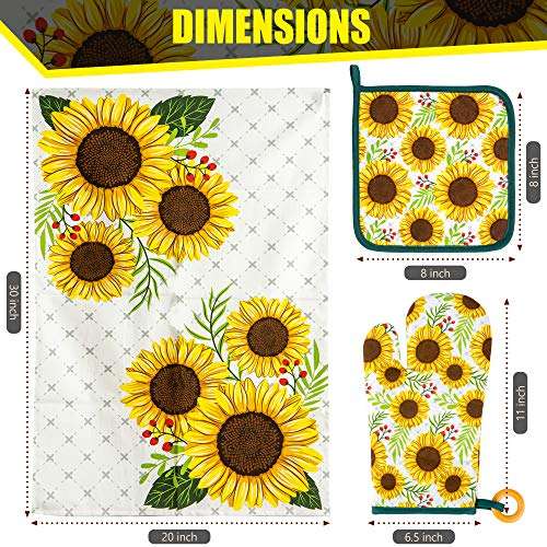 KOALAND Cute Sunflower Kitchen Towels 5 Piece Linen Set, 2 Oversized Tea Towels 2 Pot Holders 1 Oven Mitt, 100-percent Cotton Sunflower Decorative Dish Towels, Floral Pot Holders, Sunflowers Decor 3