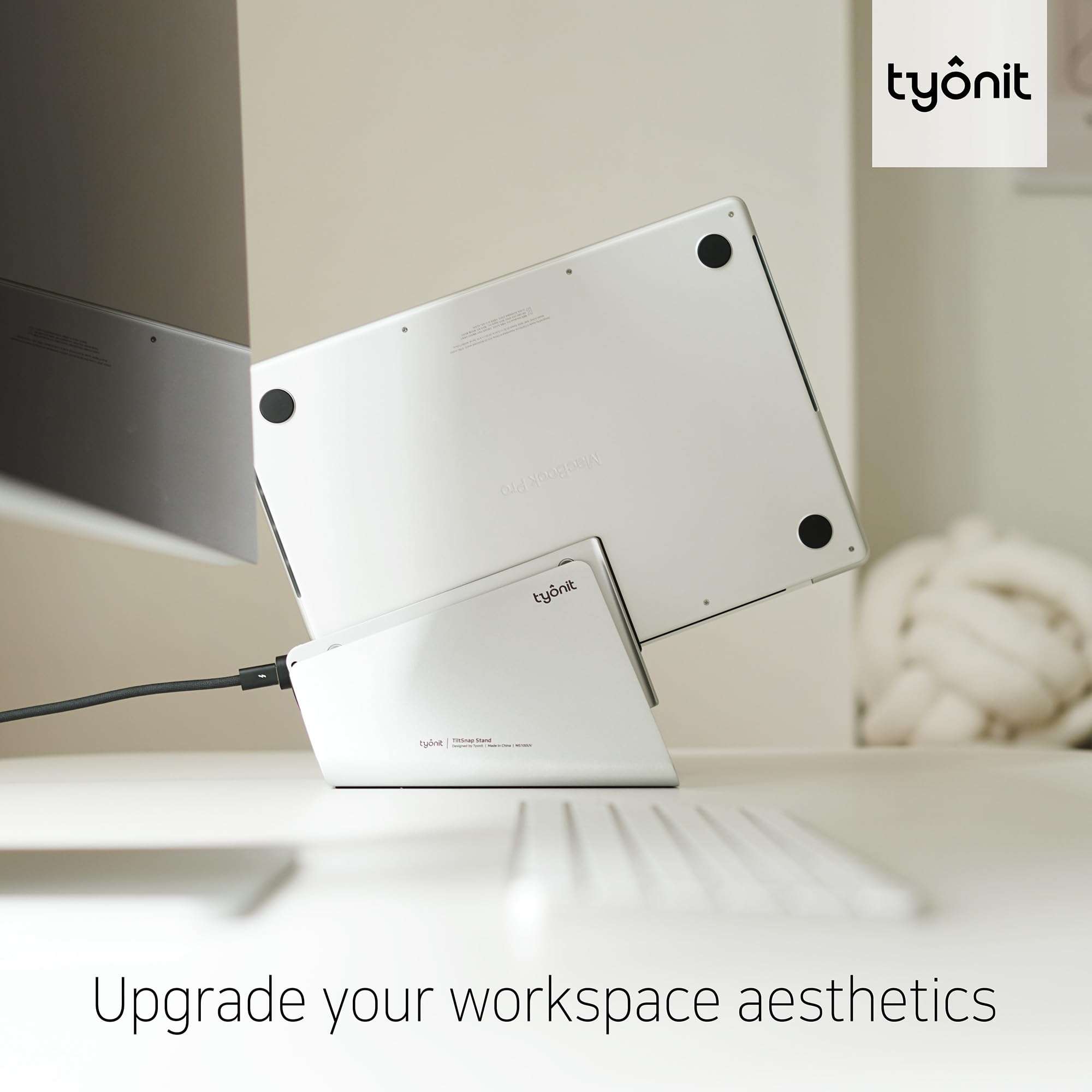 tyonit TiltSnap Vertical Laptop Stand for MacBook, Auto Thunderbolt4 USB-C Connection, Seamless Connection to The Docking Station or Display, 40Gbps, 100W PD (Silver, MacBook Pro 16" (M1/M2/M3)) 4