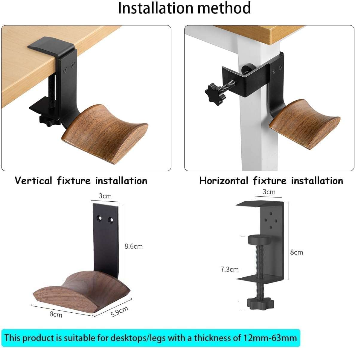 Jcurycke Headphone Holder with 6cm Wide Walnut Headrest,Adjustable Clamp-on Headset Stand Desk Headset Holder for Over Ear and Gaming 3