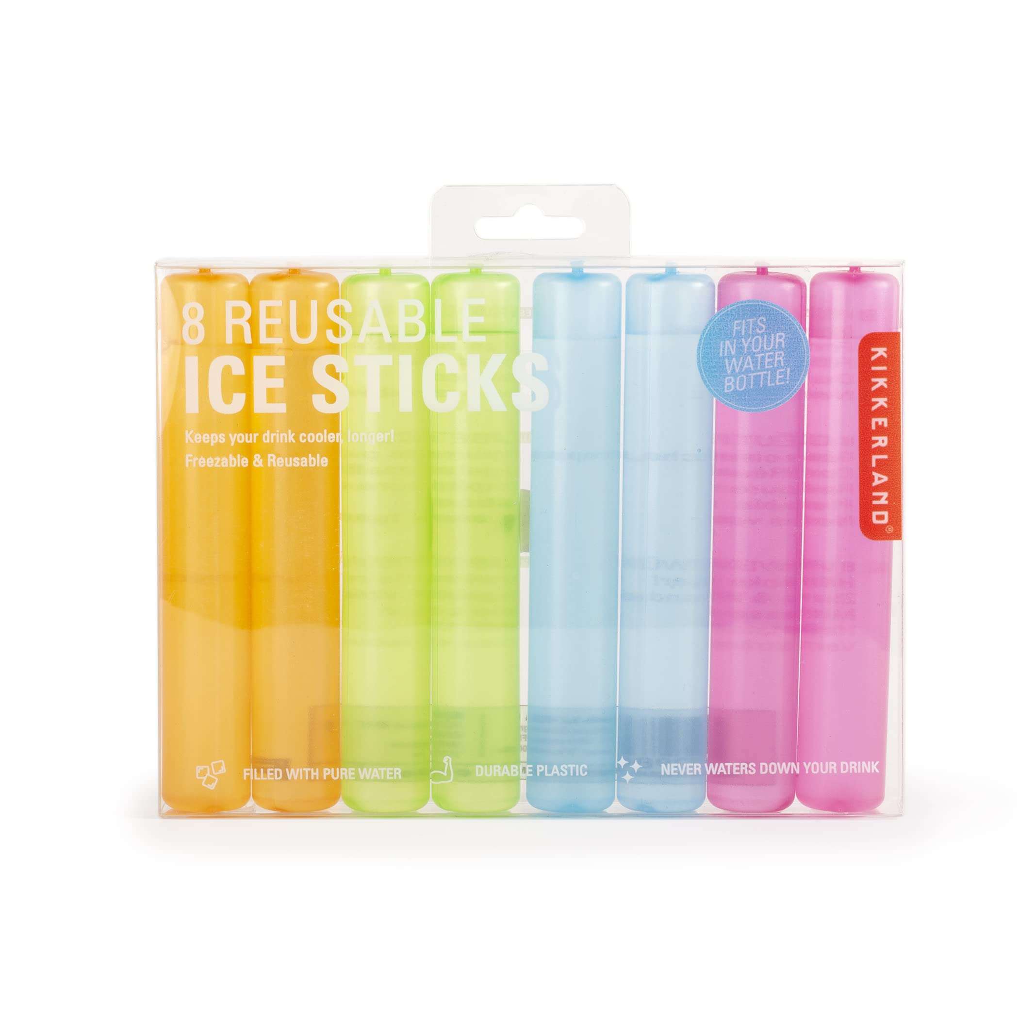 Kikkerland Colorful Reusable Plastic Ice Cubes, Washable Freezable Plastic Ice Cubes Sticks, Set of 8, Suitable for Drinks, Water Bottle, Whiskey & Wine
