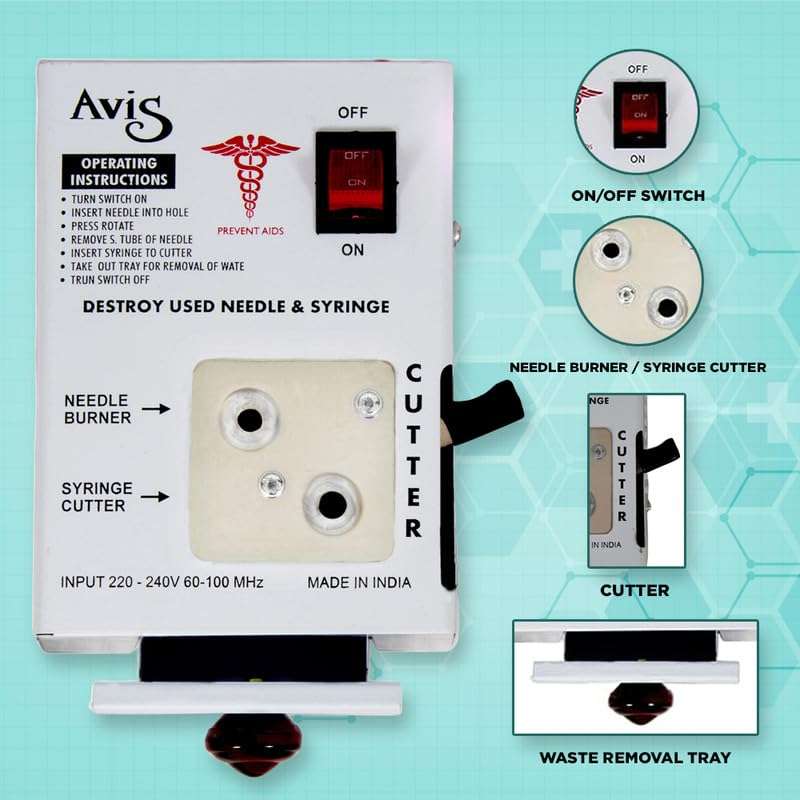 AVIS Electronic Needle & Syringe Destroyer Machine for Hospital & Laboratory Shock Proof Metal Body Mechanism Low Power Consumption With On/Off Switch 4
