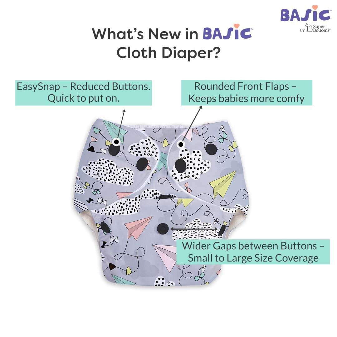 BASIC Pack of 4 Freesize Adjustable, Washable and Reusable Cloth Diaper for babies 0-3 Years | One Size Adjustable Diapers (Pack of 4 diapers+ 4 inserts) Assorted prints 3