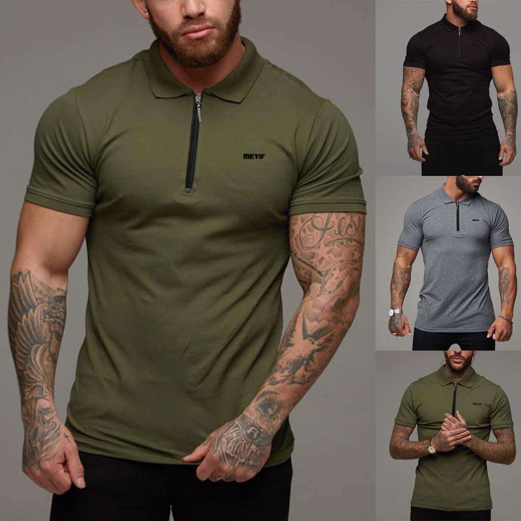 Men Shirts Fashion Short Sleeve Slim Fit Sports Bodybuilding Fitness Muscle Cotton Polo T Shirts Tops (L, Green) 3