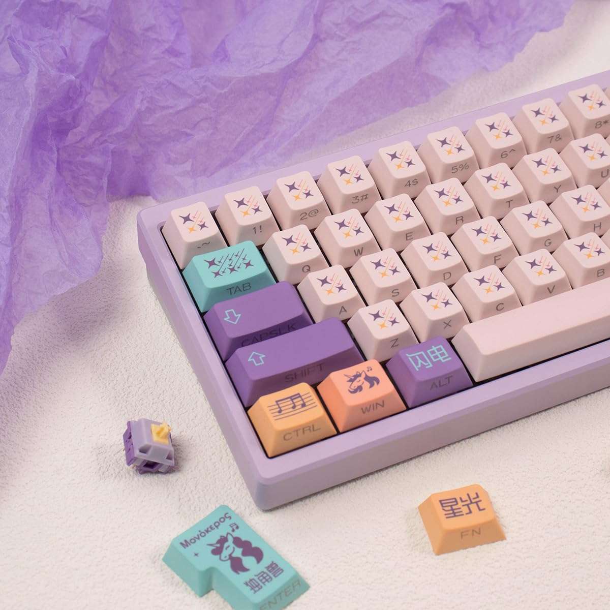 Zioyihan Shine Through Keycaps - Side Print Keycaps, PBT Keycap Set, 131 Keys Unicorn Style Custom Keycaps, Cherry Profile Keyboard Keycaps for ANSI/ISO Layout Keyboard Keycaps 60 Percent 5