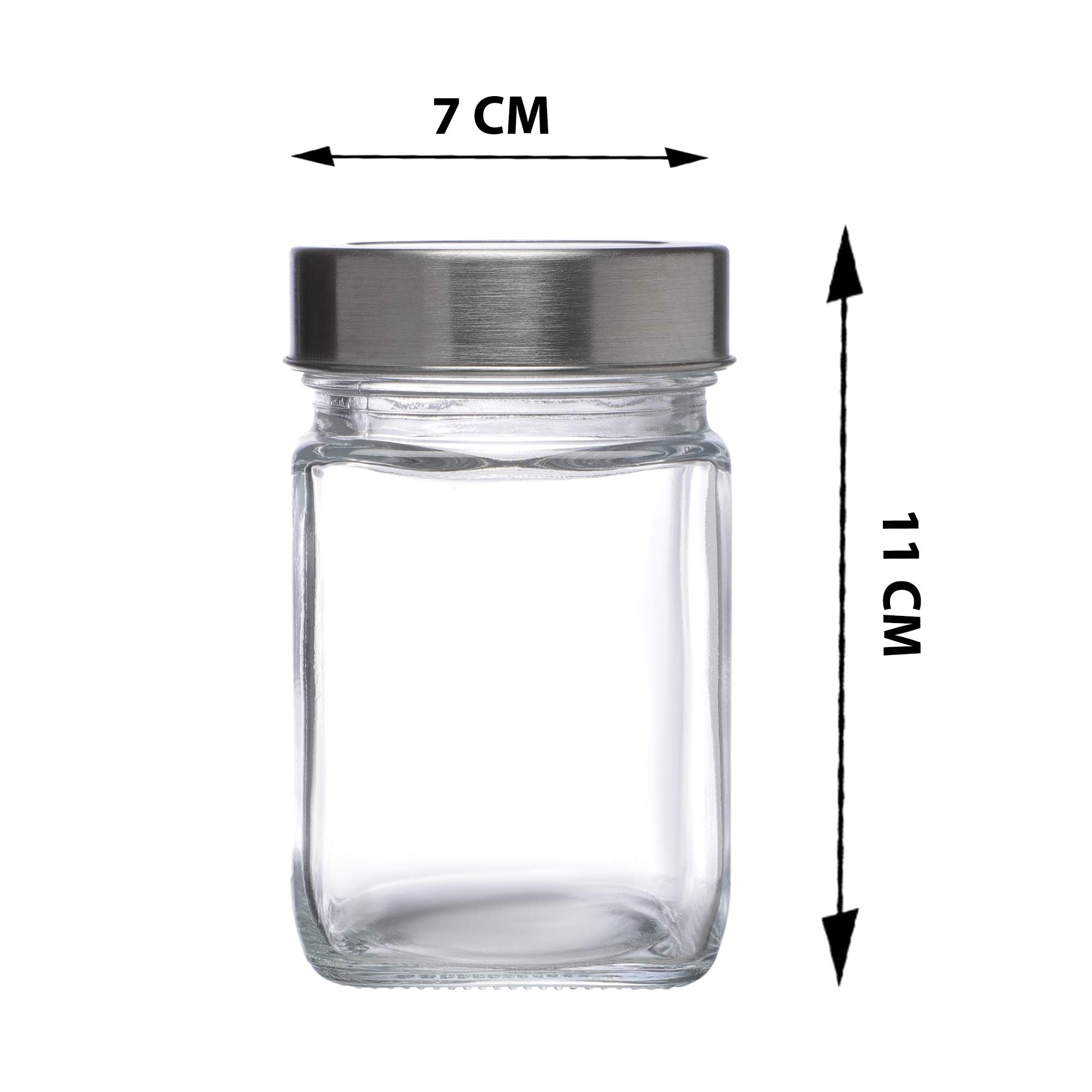 SIMPARTE Glass Jar Barni 310ml Transparent Square Container Set of 6 with Airtight Steel Lid for Kitchen Pantry Storage of Spices, Masala, Pickles, Cookies, Dry Fruits, Coffee Beans & Snacks 3