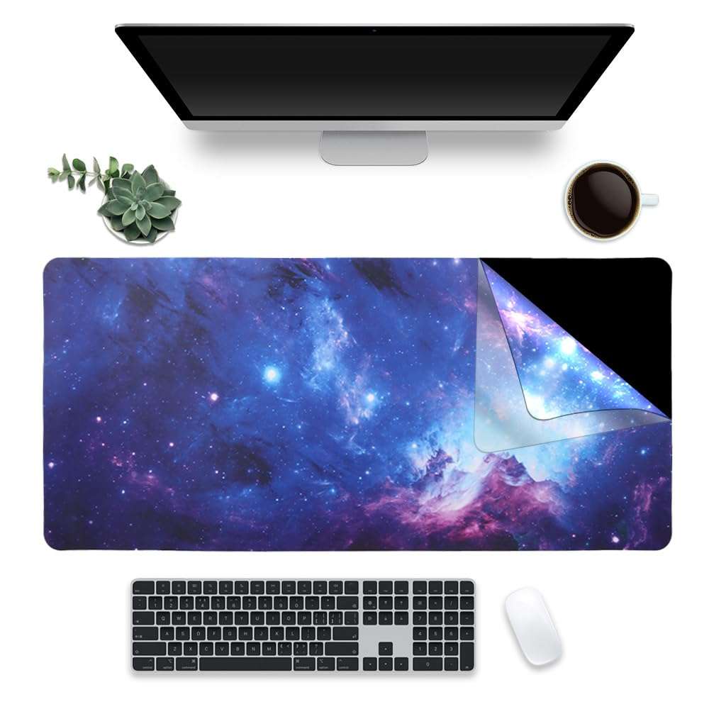 Meffort Inc Extra Large Extended XXL Gaming Desk Mat - Ice Silk Material for Smooth and Precise Mouse Movements, Non-Slip Rubber Base, Durable and Easy to Clean, 35.4 x 15.7 inches - Galaxy Clouds 1