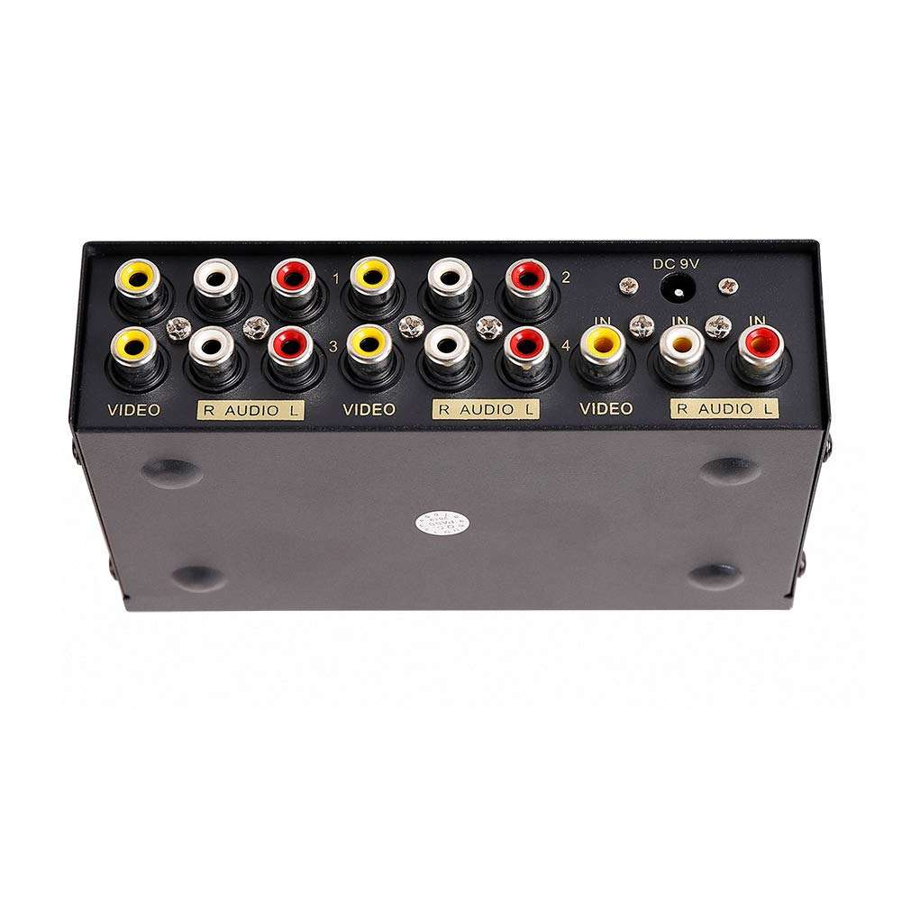 DTECH Powered 4 Way 3 RCA Splitter Box 1 in 4 Out Composite Video Audio Distribution Duplicator with Power Adapter Compatible with Gaming Console to TV Projector Video Capture Card 5