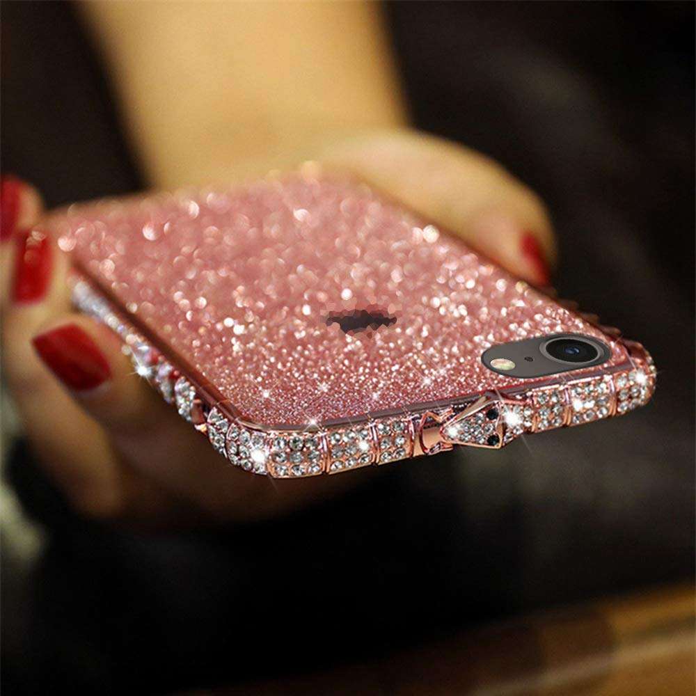 Case for iPhone 7 Cover,Girls and Women Luxury Sparkly Bling Glitter Rhinestone Diamond Metal Button Bumper Case Cover & Shiny Glitter Sticker Protective Cover for iPhone 7 Diamond Case,Rose Gold 3