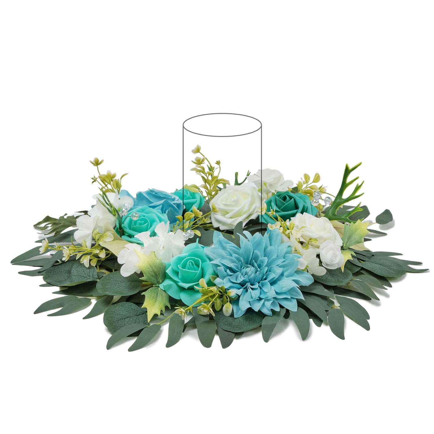 TINGE TIME Aritificial Flowers Candle Rings, 1 Pcs 15inch Diam Teal Blue Fake Rose Wreath Wedding Centerpieces for Tables Summer Garland for Front Door Weddings Party Ceremony Decor 1