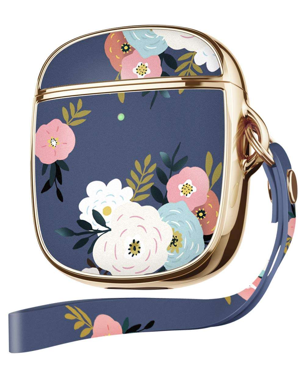 GVIEWIN Floden Series for AirPods Case Cover, Cute Flower Full Protective Hard Cover with Wrist Strap Women Girls Case Compatible with AirPods 2 & 1 Charging Case (Abundant Blossom/White) 1