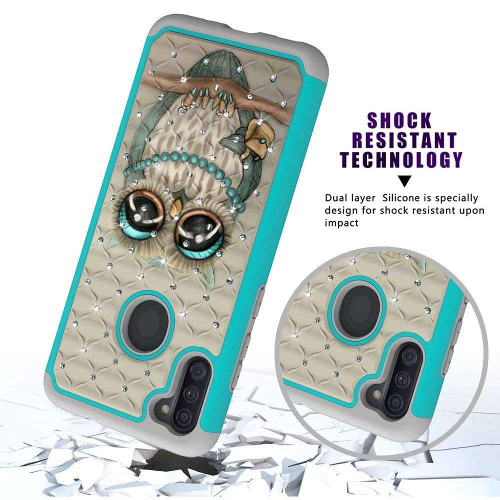 Lantier Heavy Duty Glitter Bling Hybrid Dual Layer 2 in 1 Hard Cover Soft TPU Impact Armor Defender Protective Shockproof Diamond Case for Samsung Galaxy A21 Owl 6