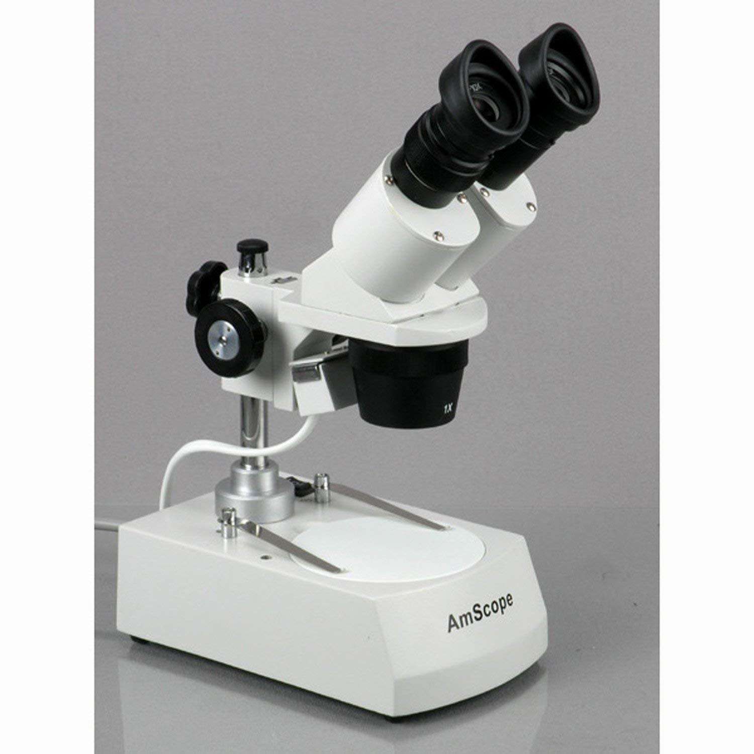 AmScope SE305R-P Forward-Mounted Binocular Stereo Microscope, WF10x Eyepieces, 10X and 30X Magnification, 1X and 3X Objectives, Upper and Lower Halogen Lighting, Reversible Black/White Stage Plate, Pillar Stand, 120V 5