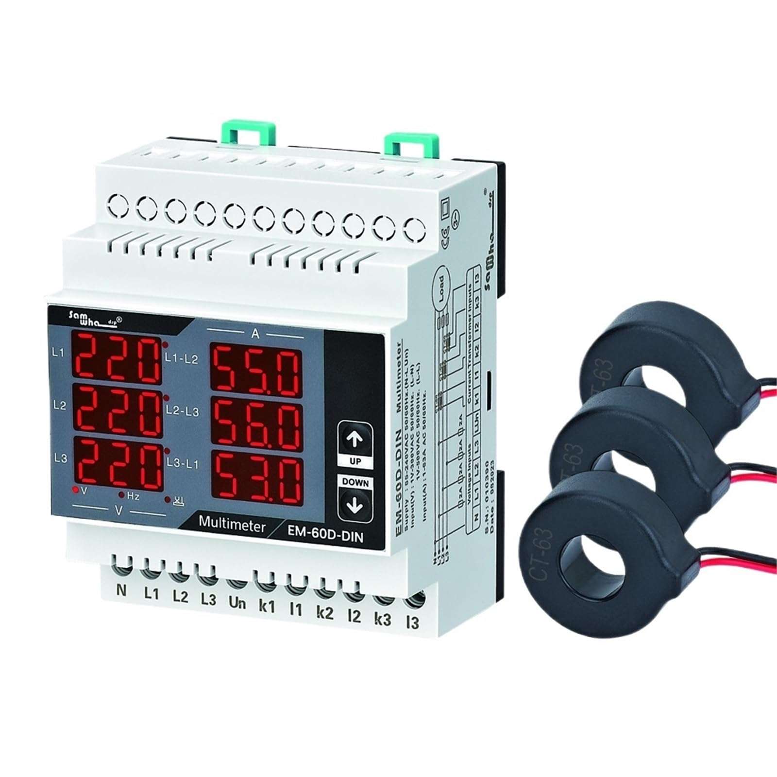 OGYTRVUFX Samwha-Dsp EM-XXD-DIN Digital Multimeter, Contains 3 C.T, Three Phase Volt(L-L),(L-N), Ampere,Frequency, Phase Sequence Display(250D(10-250A)) 1