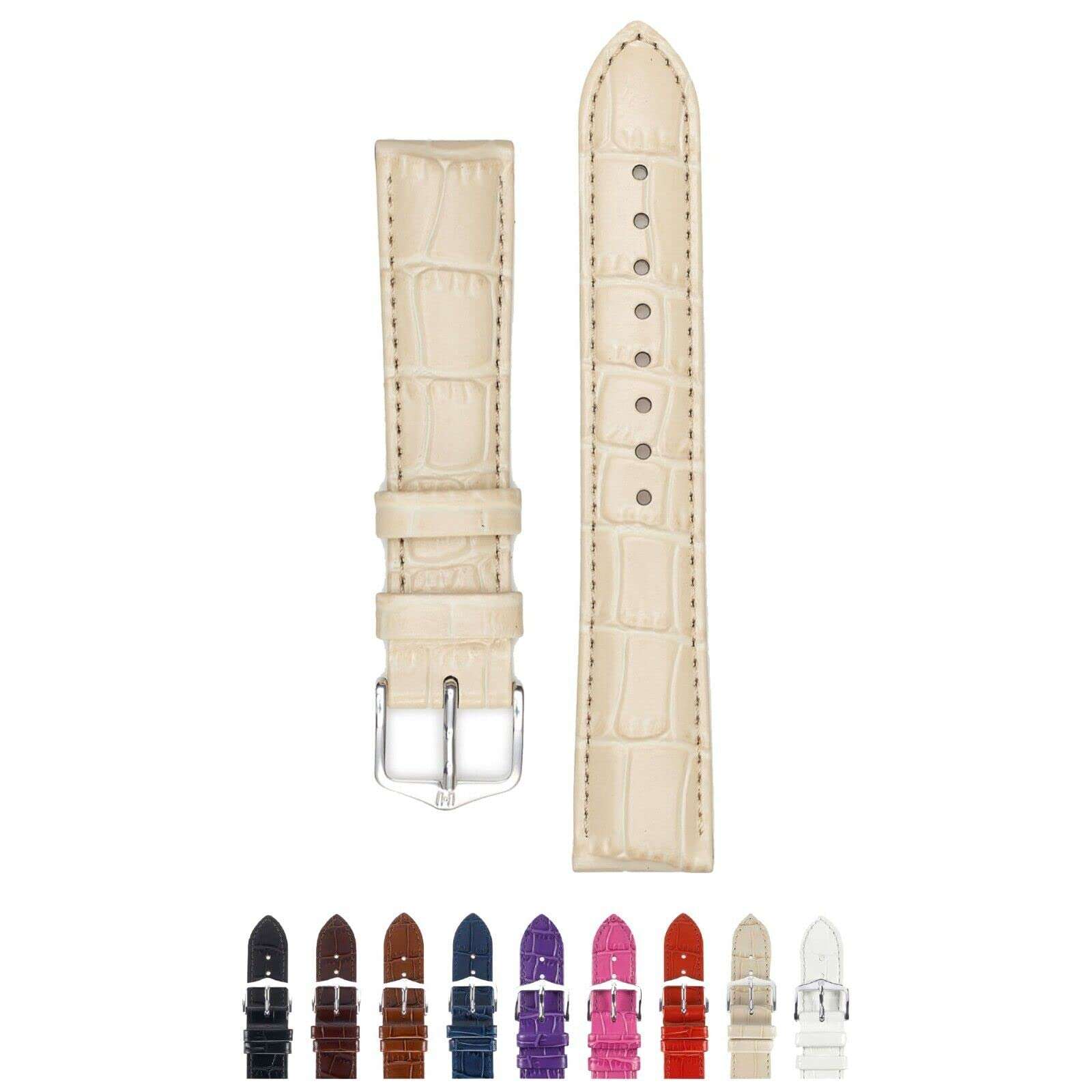 HIRSCH Louisianalook Leather Watch Strap - Alligator-embossed - Beige Band, Gold-Colored Buckle - 18mm (L) 1