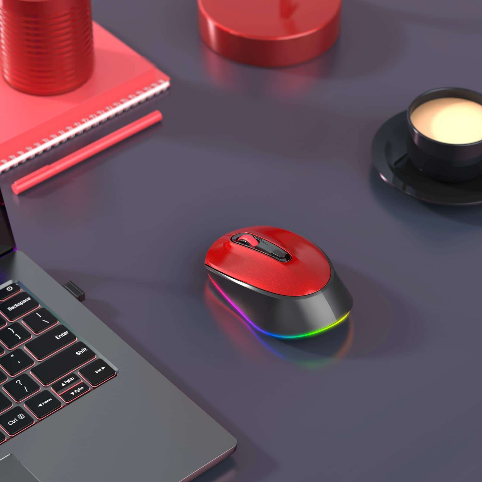 seenda Wireless Mouse, Rechargeable Light Up Mouse for Laptop, Small Cordless Mice with Quiet Click LED Rainbow Lights for PC Laptop Kids Chromebook Windows Mac,Black& Red 6