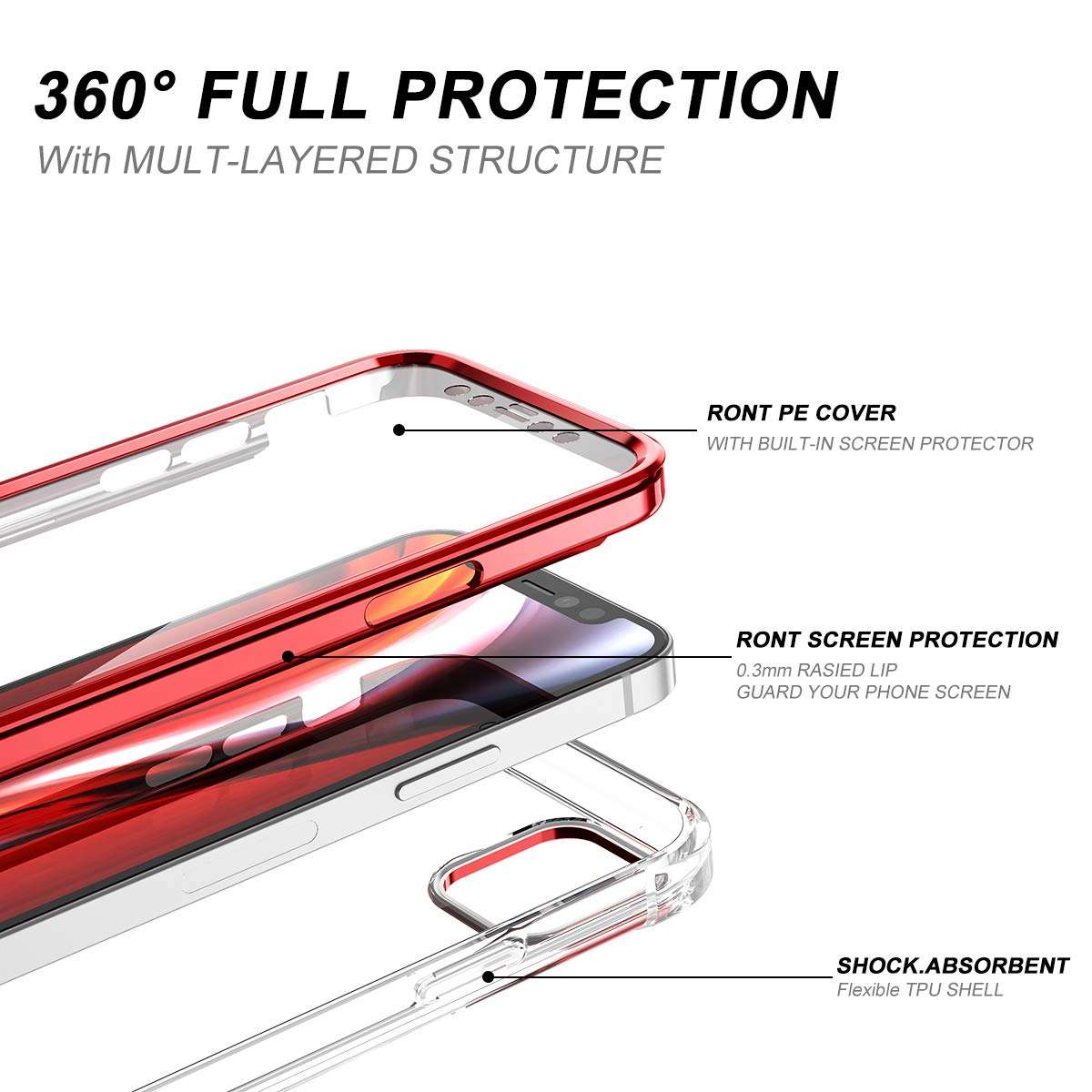 SURITCH Clear Case for iPhone 12 Mini (Only) 5.4-inch, [Built in Screen Protector] Full Body Protective Shockproof Bumper Rugged Phone Cover for iPhone 12 Mini -(Red) 3