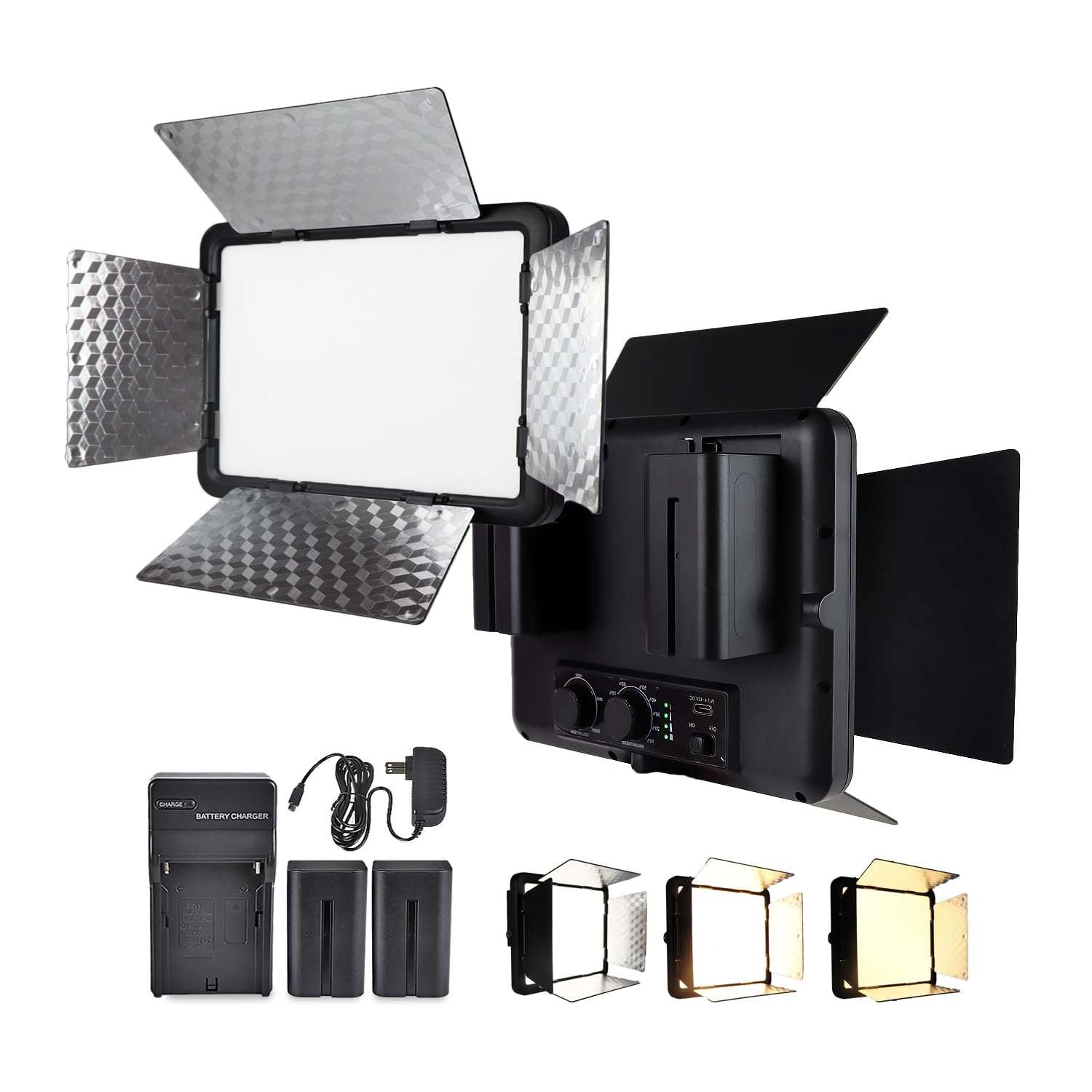 LED Video Light with Barn Door, 4400mAh Rechargeable Battery×2, 3200-6500K CRI 96+ Adjustable Panel Light for Outdoor Photography/Live Broadcast Shooting/Indoor Recording Fill Light/Video Conferencing