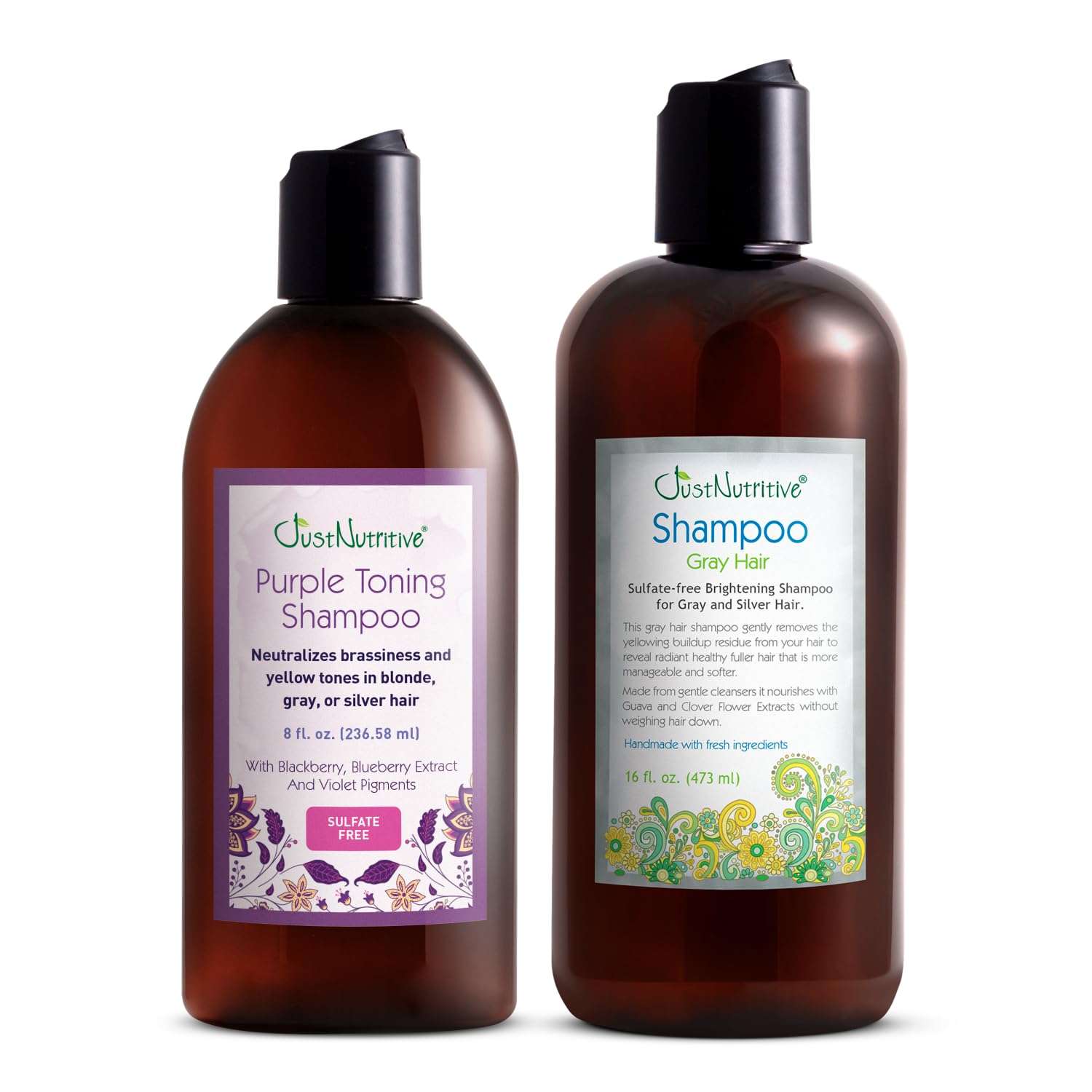 Just Nutritive Silver & Gray Hair Perfecting Duo | Hydrating Gray Hair Shampoo & Anti-Brass Purple Shampoo 16 & 8 Fl Oz. 1