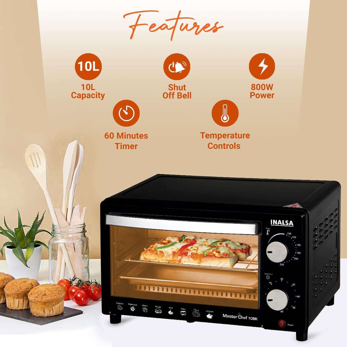 Inalsa Oven MasterChef 10BK OTG (10Liters) with Temperature Selection 800 W, Powder Coated Finish, Includes Baking Pan, SS Grill Tray, Hand Glove (Black, Silver) 800 watts 3