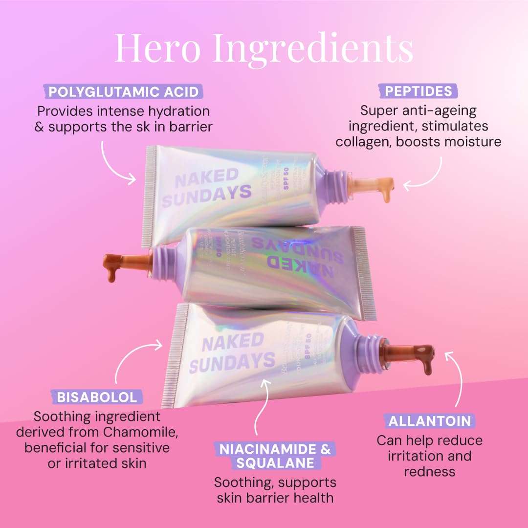 Naked Sundays BeautyScreen SPF 50 Mineral Peptide Foundation Tints, 2-in-1 SPF and Skin Tint, Radiant with Light buildable coverage, infused with Peptides, Acne-Safe (4 Medium honey, 1.01 oz) 5