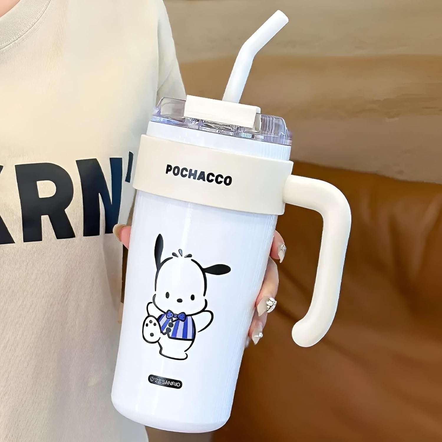 TAGUDA 860ml Cute Straw Tumbler with Handle, Insulated Stainless Steel Cartoon Travel Cup with Lid & Straw, Leak Proof Reusable Drinking Mug for Kids Girls Women (White) 1