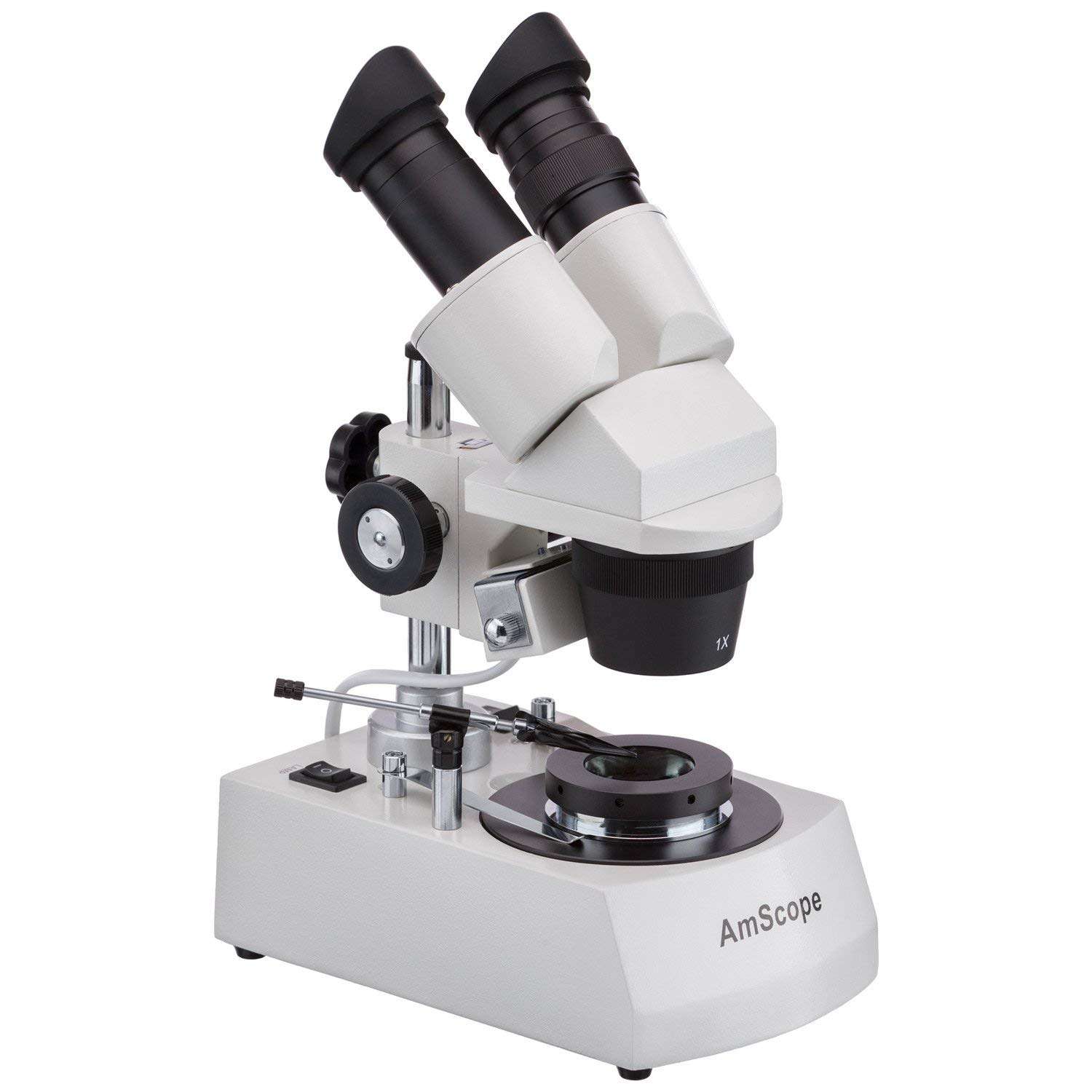 AmScope SE305-PZ-DK Binocular Stereo Microscope, WF10x and WF20x Eyepieces, 10X/20X/30X/60X Magnification, 1X and 3X Objectives, Upper and Lower Halogen Lighting, Reversible Black/White Stage Plate, Arm Stand, 120V, Includes Darkfield Condenser 2