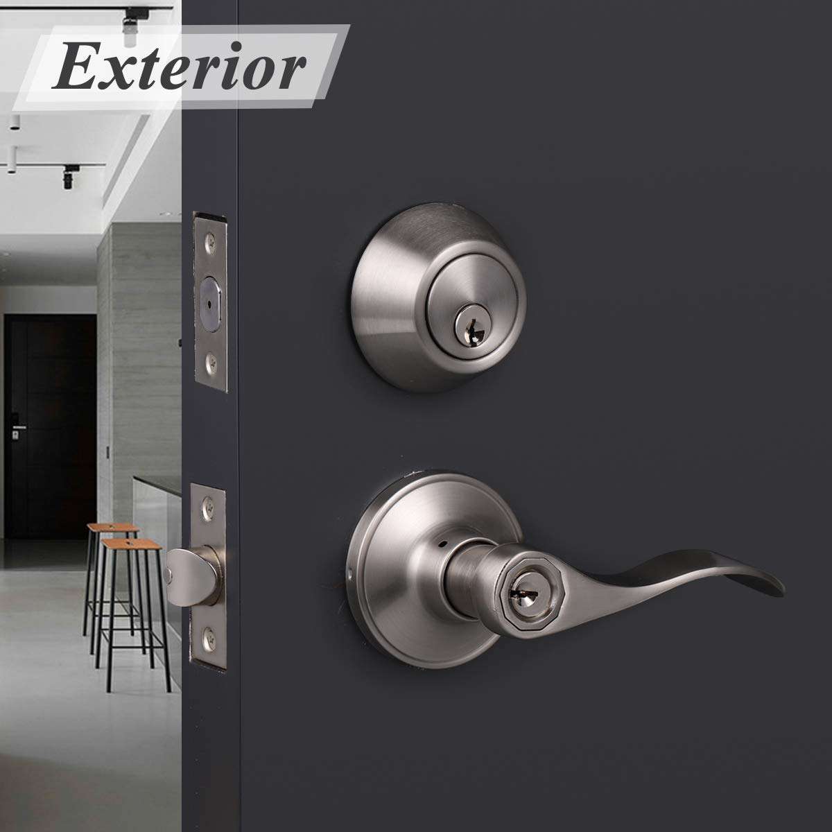 Probrico 2 Sets-Wave Style Entry Door Levers with Double Cylinder Deadbolts Combo Pack, Keyed Alike Door Knobs Exterior and Interior Lockset Leverset, Handleset for Front and Entrance Door 4