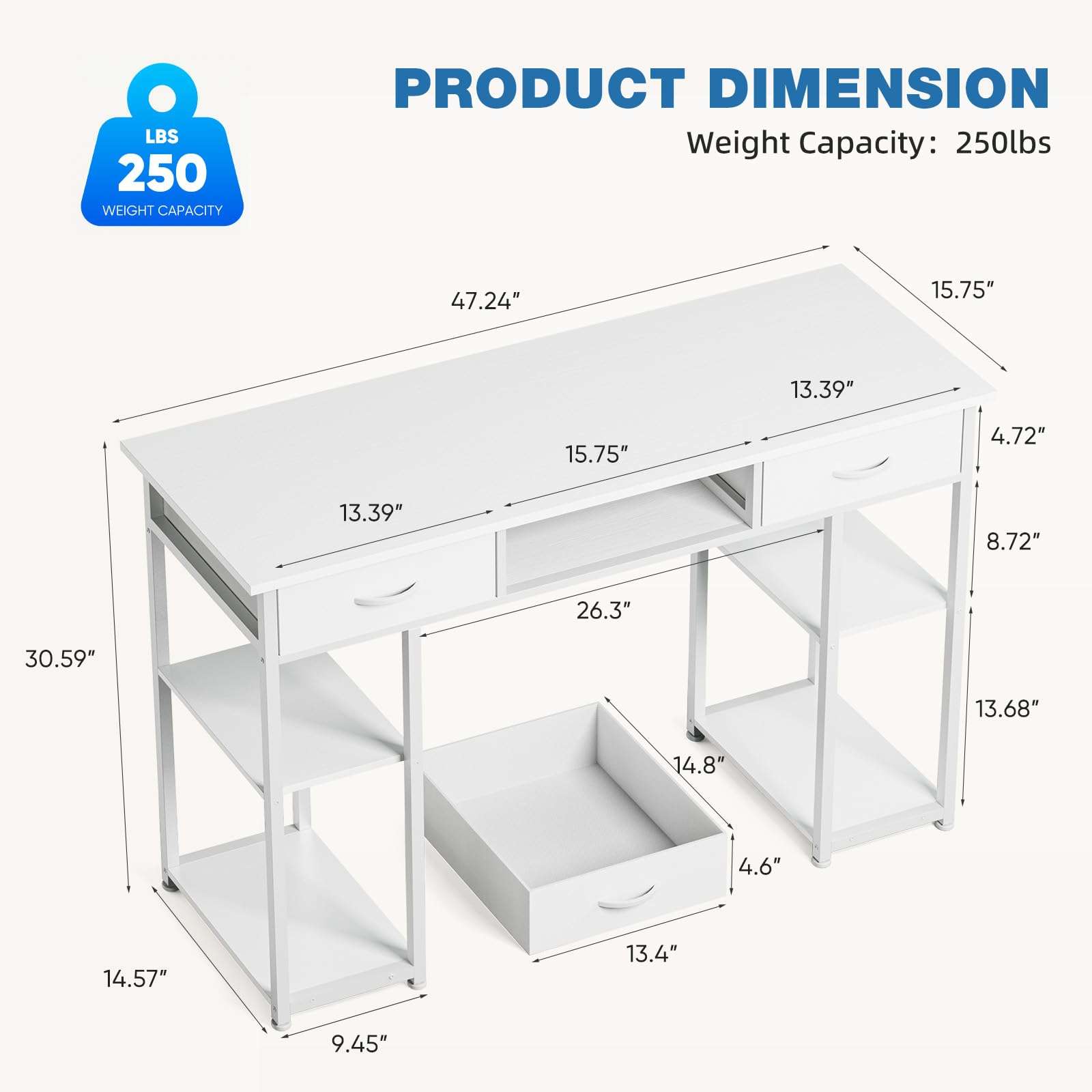 OLIXIS Computer Desk with 3 Drawers Study Writing Table with Storage Bag Headphone Hook Adjustable Feet for Home Office Small Spaces 4
