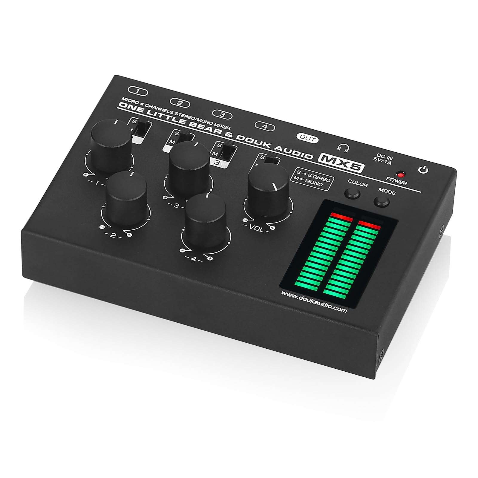 Douk Audio MX5 4 Channel Audio Mixer 4-CH Line-Mixing Mono Stereo Ultra Low-Noise LED Level Meter 1