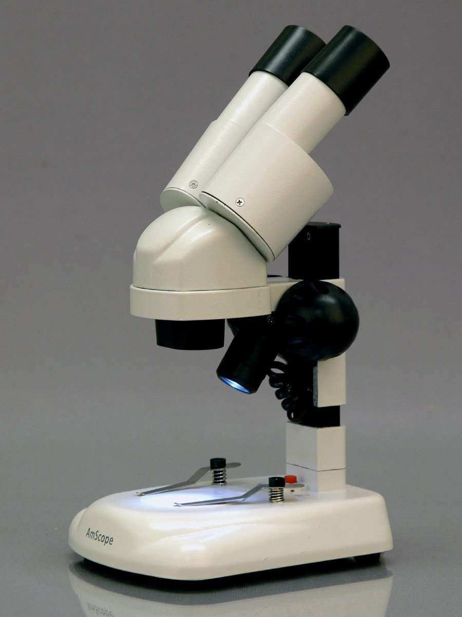 AmScope SE120 Portable Binocular Stereo Microscope, WF10x Eyepieces, 20X Magnification, 2X Objective, LED Lighting, Reversible Black/White Stage Plate, Track-Controlled Table Stand, Battery Powered 6