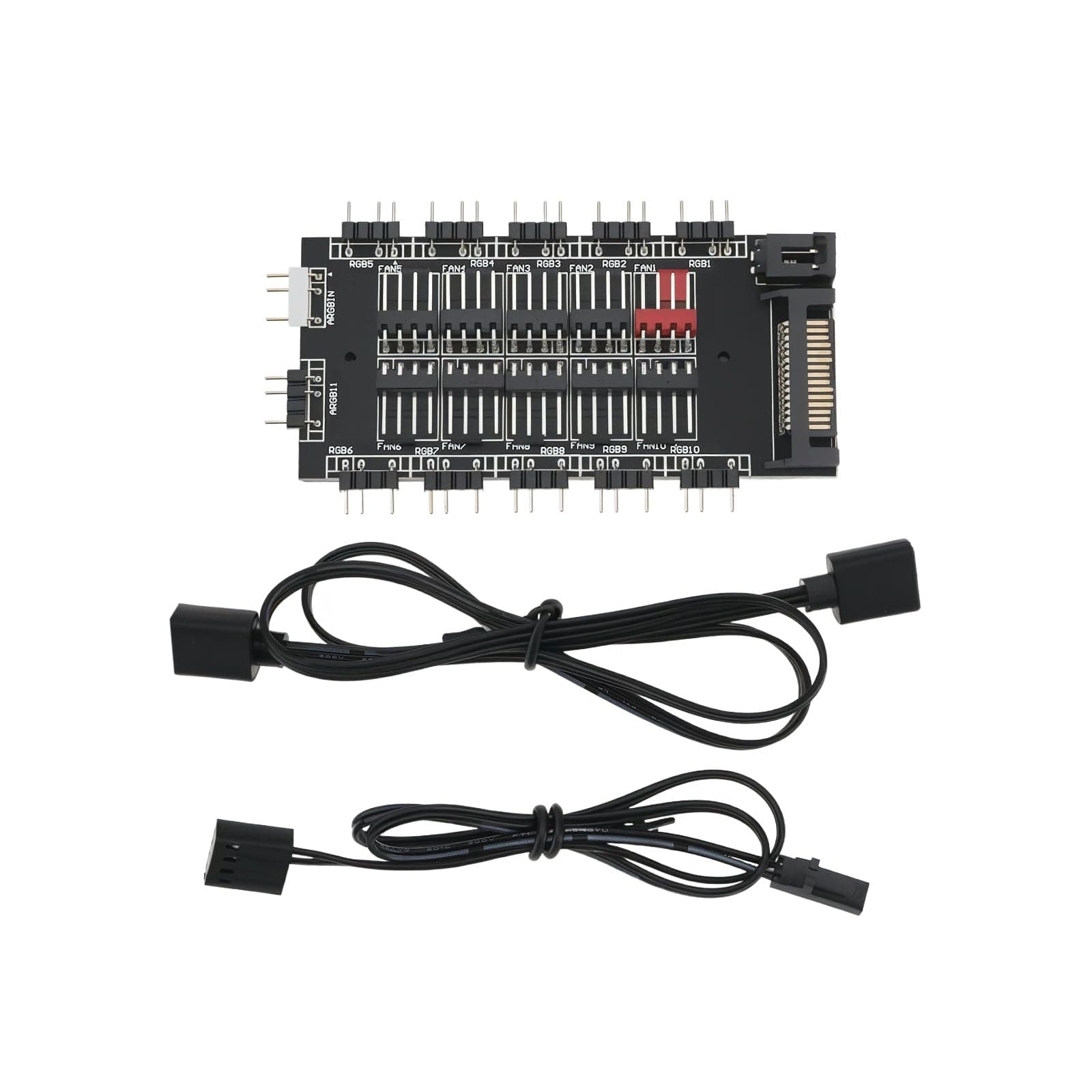 Micro Traders 2-in-1 Synchronous RGB Control Hub PWM 4pin and 5V 3pin ARGB GPU Fan Lighting Control with Sata Power Port Expansion Motherboard Interface 1