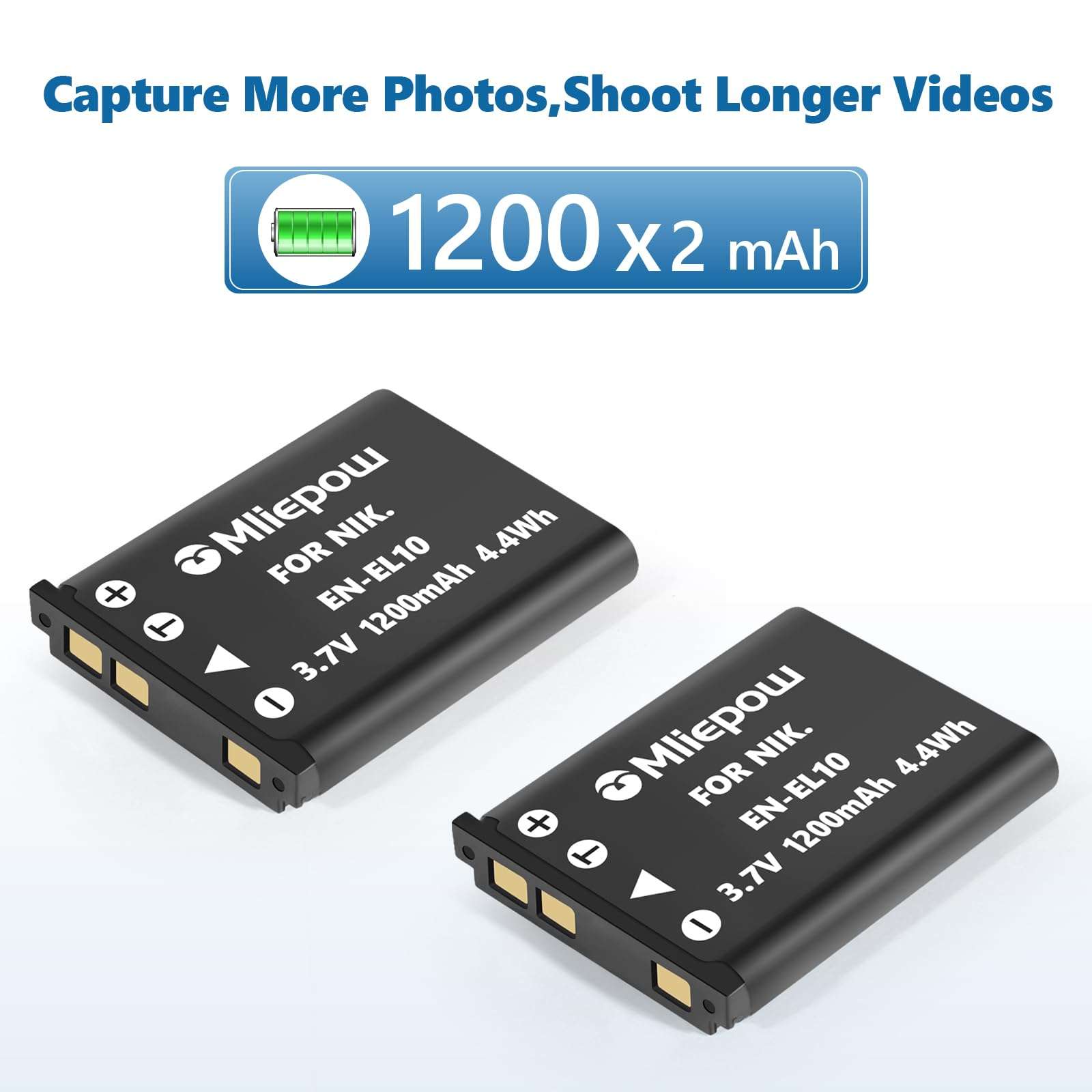 Mliepow 2 Pack EN-EL10 Battery and Micro USB Charger Compatible with Nikon Coolpix S60, S80, S200, S205, S220, S230, S500, S510, S520, S570, S600, S700, S3000, S4000 Digital Cameras, MH-63 Charger 2