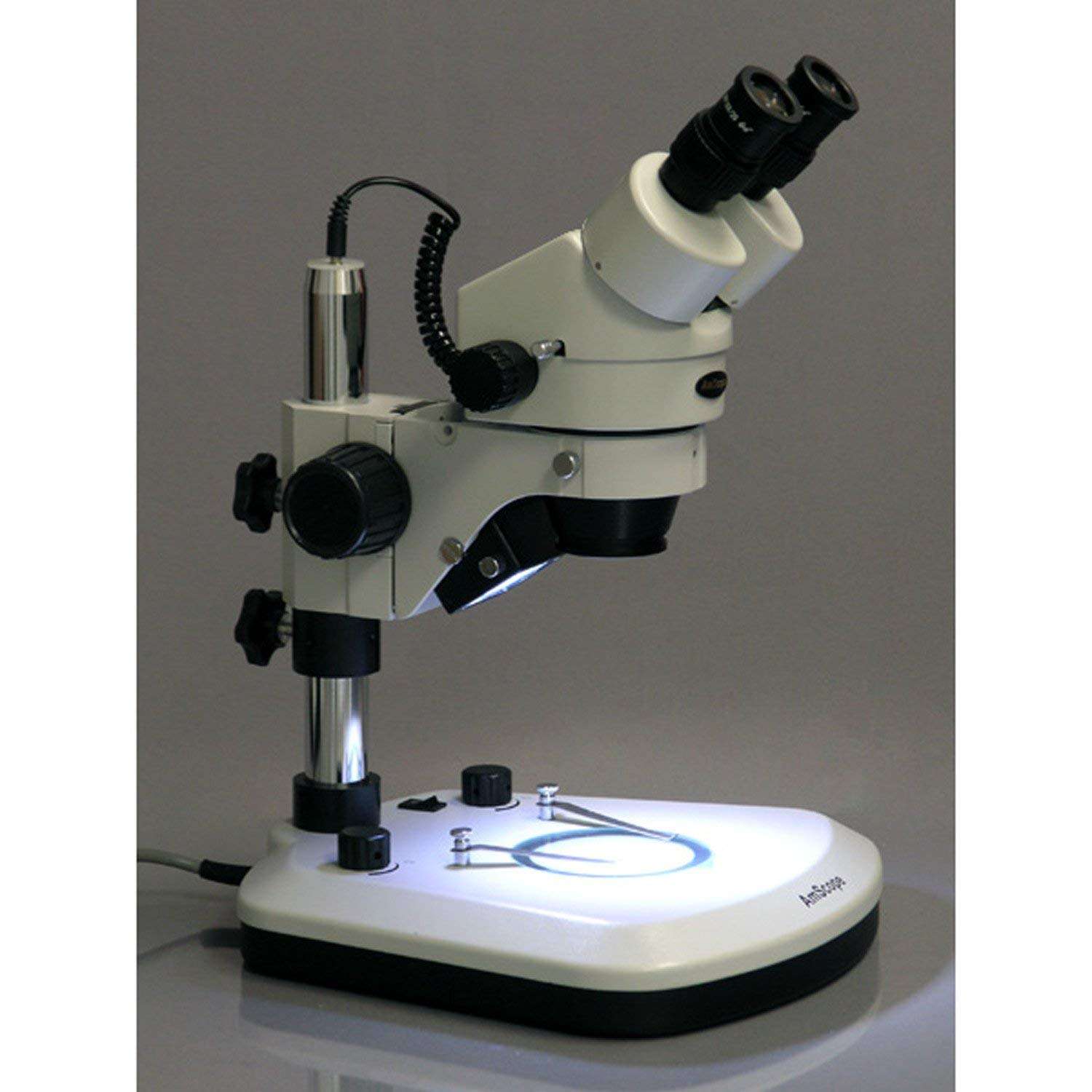 AmScope SM-1BX-PL Professional Binocular Stereo Zoom Microscope, WH10x Eyepieces, 3.5X-45X Magnification, 0.7X-4.5X Zoom Objective, Upper and Lower LED Lighting, Pillar Stand, Includes 0.5x Barlow Lens 4