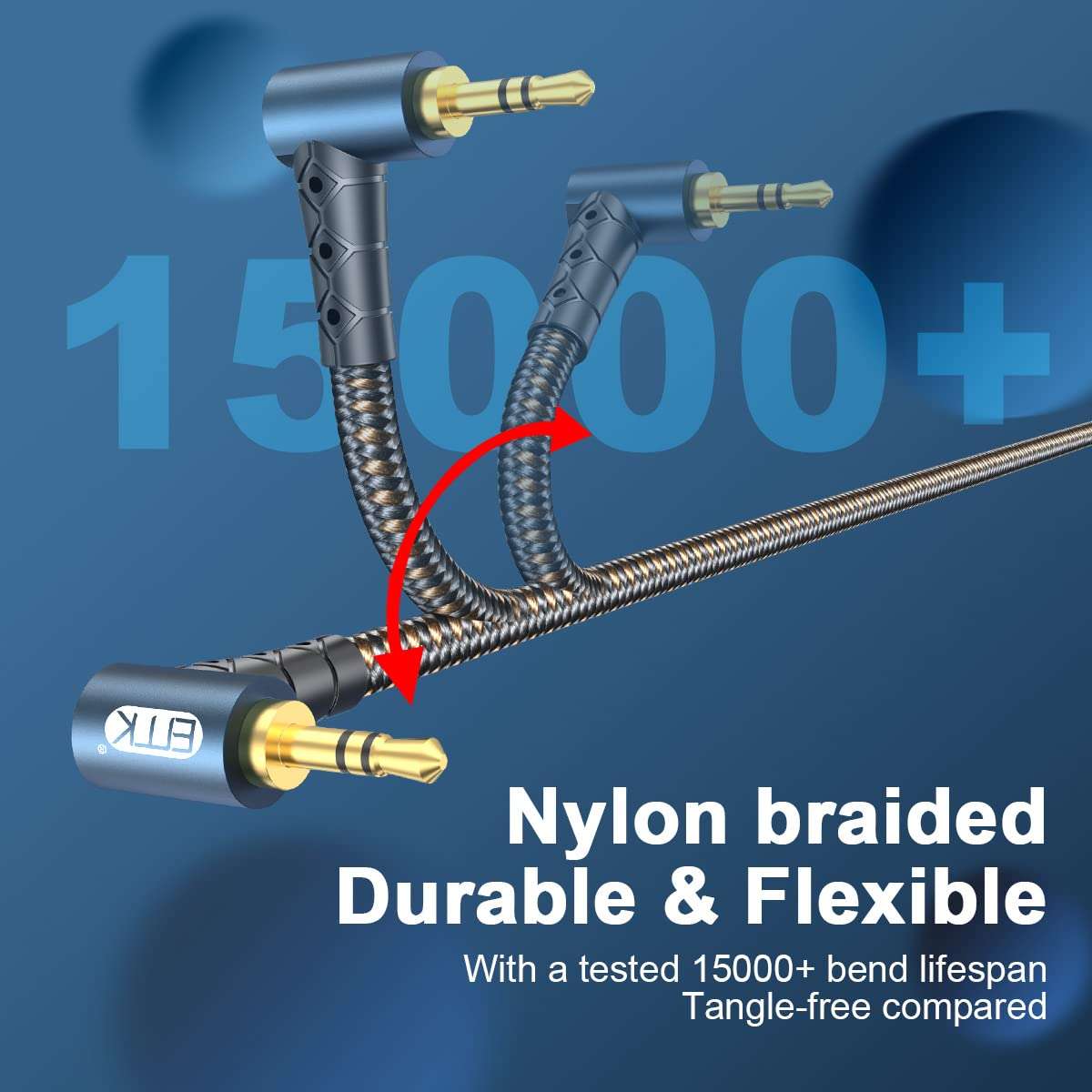 EMK 90 Degree Aux Cable 3.5 mm Auxiliary Cord Male to Male Stereo Aux Cable for Car 24K Gold Plated Hi-Fi Sound Quality Nylon Braided for Laptop Phone Tablet MP3 Player Stereo Speaker (50ft/15m) 5