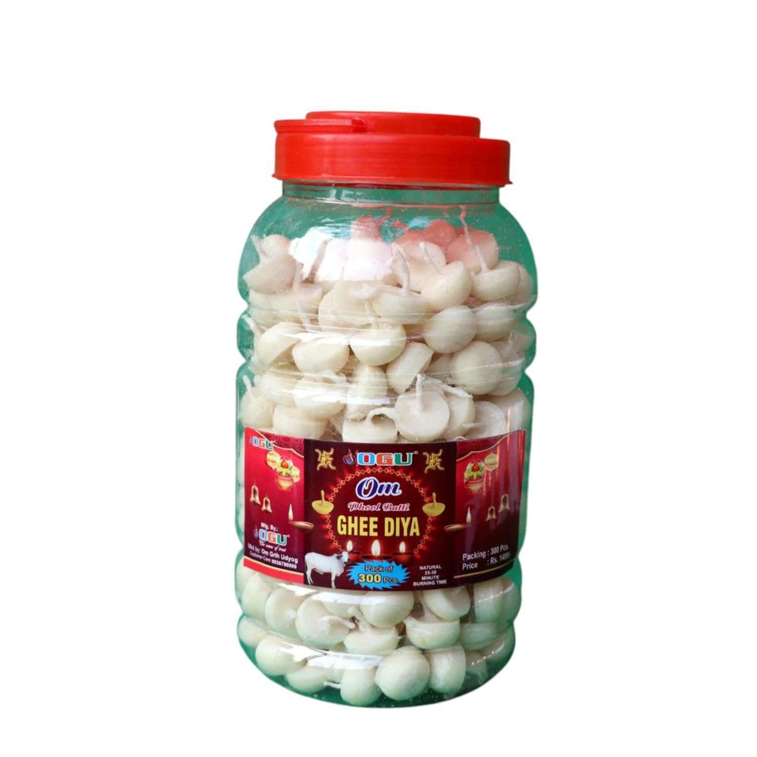 Om Phool Batti 100% Wax Free Cow Ghee Diya for Puja, 30 min Burning Time, Handmade Ghee Diya Batti for Festivals & Religious rituals | Readymade Ghee Diya batti - White (Pack of 300 Pcs.) 1
