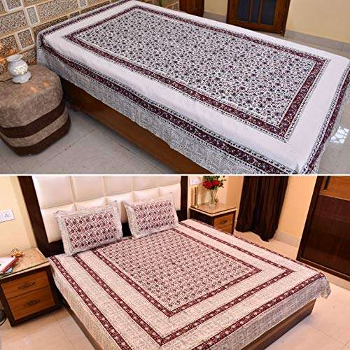 Ashok's Sonali Home Fashions 100 % Pure Cotton 124TC Hand-Block Print Art Jaipuri Rajasthani Traditional Double and Single Bedsheet Combo Set of Double Bedsheets with 2 Pillow Cover 1