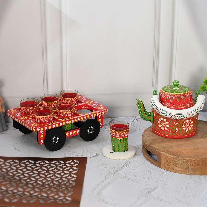 Enchanter vision HandPainted Alluminium Tea Kettle with 6 Glasses and Wooden Tray For Home Dcor Tea Party Serving-01 1