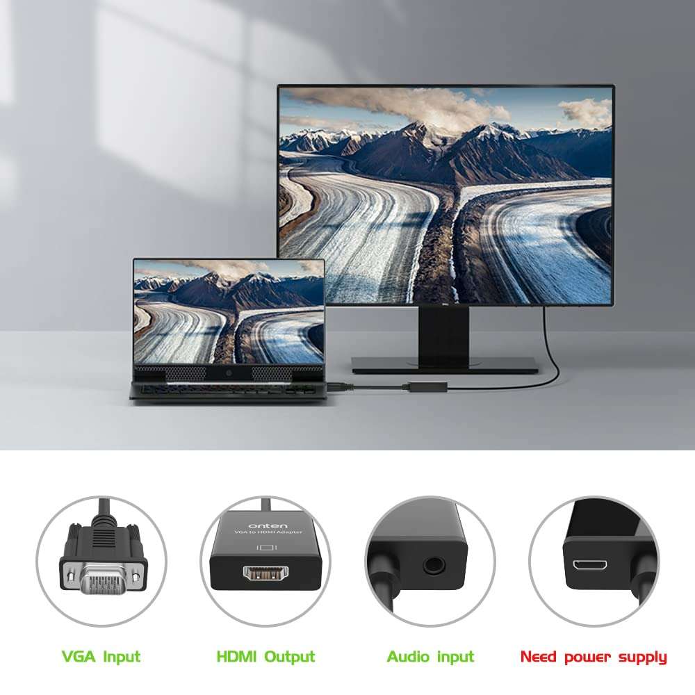 ONTEN VGA to HDMI Adapter, 1080P VGA to HDMI (Male to Female) for Computer, Desktop, Laptop, PC, Monitor, Projector, HDTV with Audio Cable and USB Cable (Black)(2 - Pack) 6