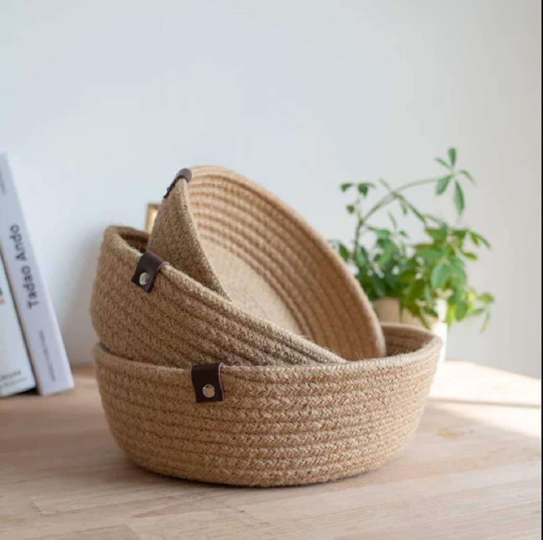 ALBY® Rope Storage Natural Handwoven Jute Round Shelf Basket For Your Home & Kitchen (Small, Medium, Large)-Pack Of 3 (Beige) 3