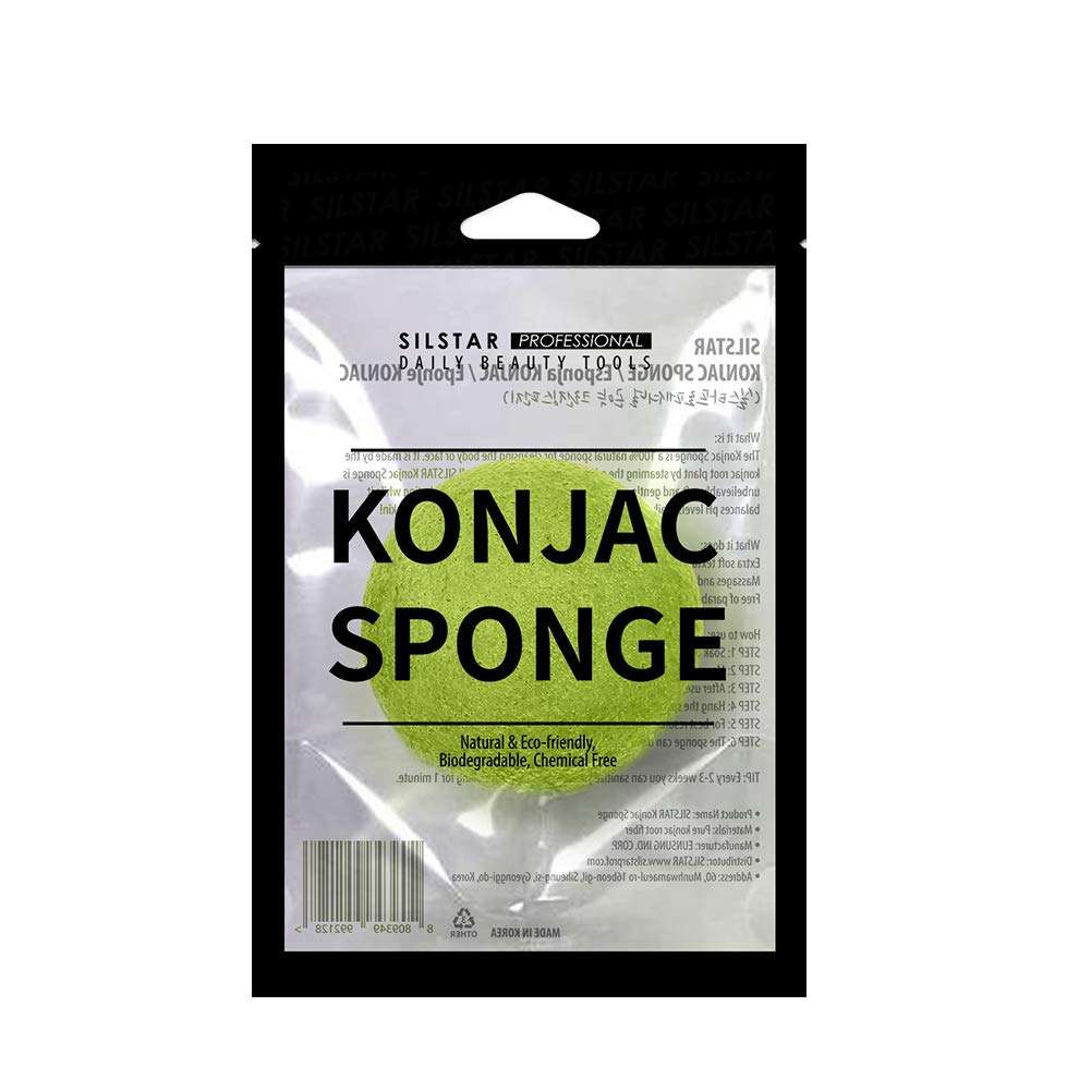 SILSTAR PROFESSIONAL KONJAC Sponge Facial Sponge Bath Sponge Amazing Cleansing for Dry OR Mature Skin - Floral Green