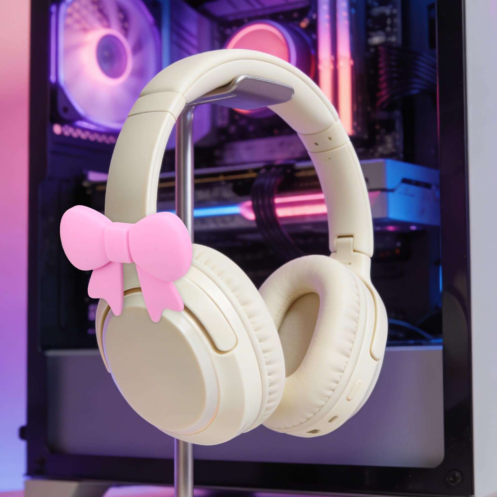 2pcs Pink Bow Decor Headphone Accessories, Adjustable Silicone Headphone Headset Attachment Accessories Charms 3D Cute Earphone Gaming Girly Gamer Decorations Supplies Her Gift Birthday for Women 5
