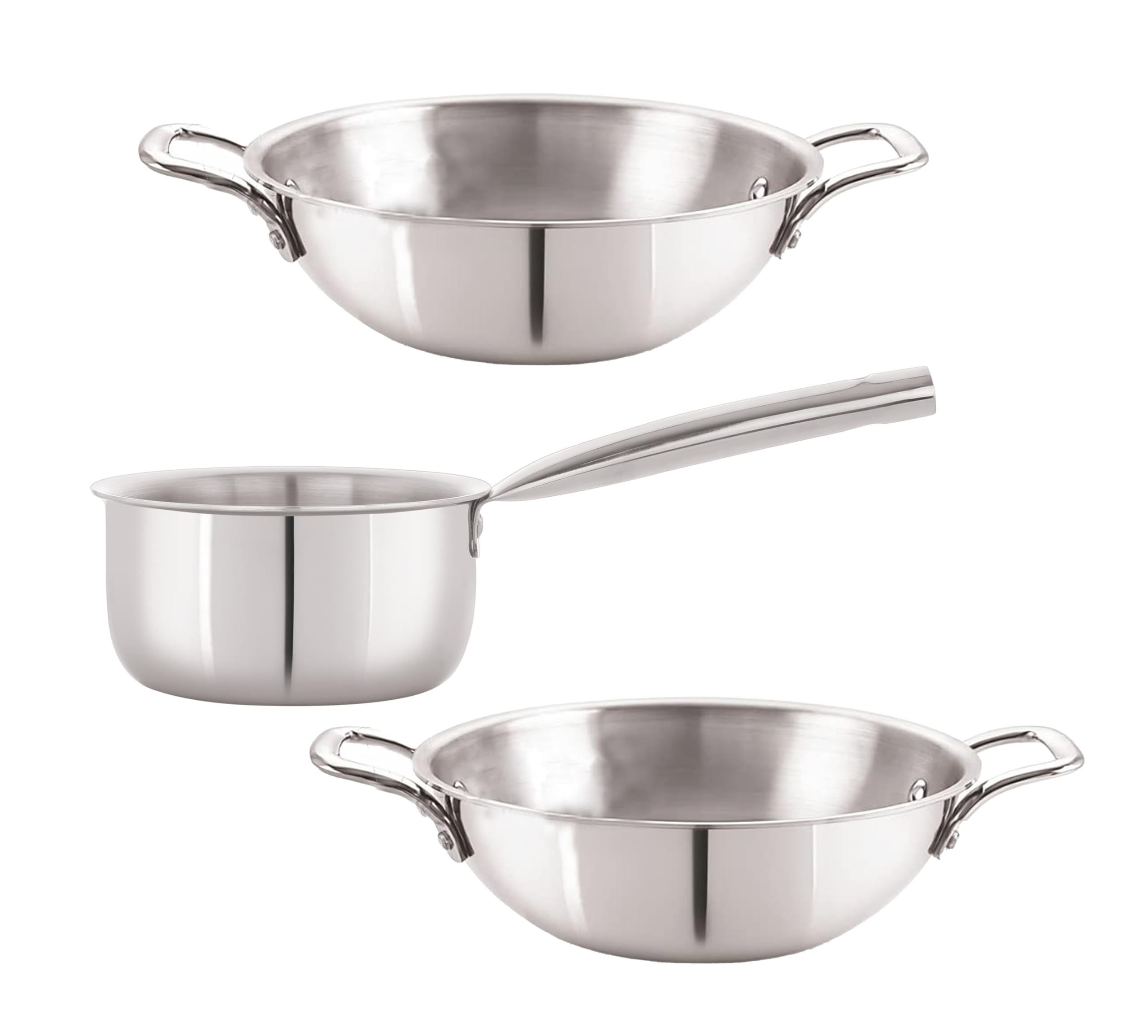 NIRLON Plus Triply Stainless Steel Cookware Combo Set|Kadhai 20cm-1.6Ltr|Kadhai 22cm-2Ltr|Sauce Pan 18cm-2.1Ltr|Safe to Use|Metal Spatula Friendly(Induction and Gas Stove Friendly)