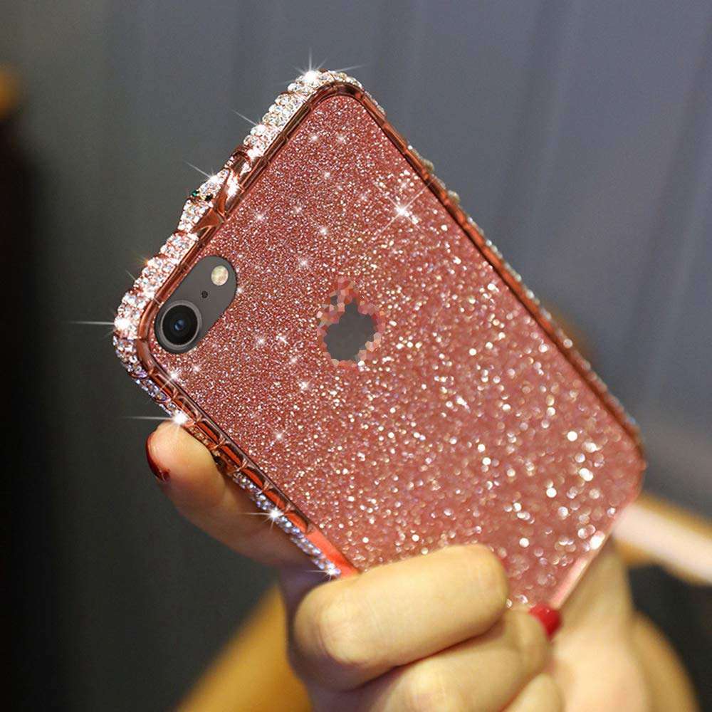Case for iPhone 7 Cover,Girls and Women Luxury Sparkly Bling Glitter Rhinestone Diamond Metal Button Bumper Case Cover & Shiny Glitter Sticker Protective Cover for iPhone 7 Diamond Case,Rose Gold 2