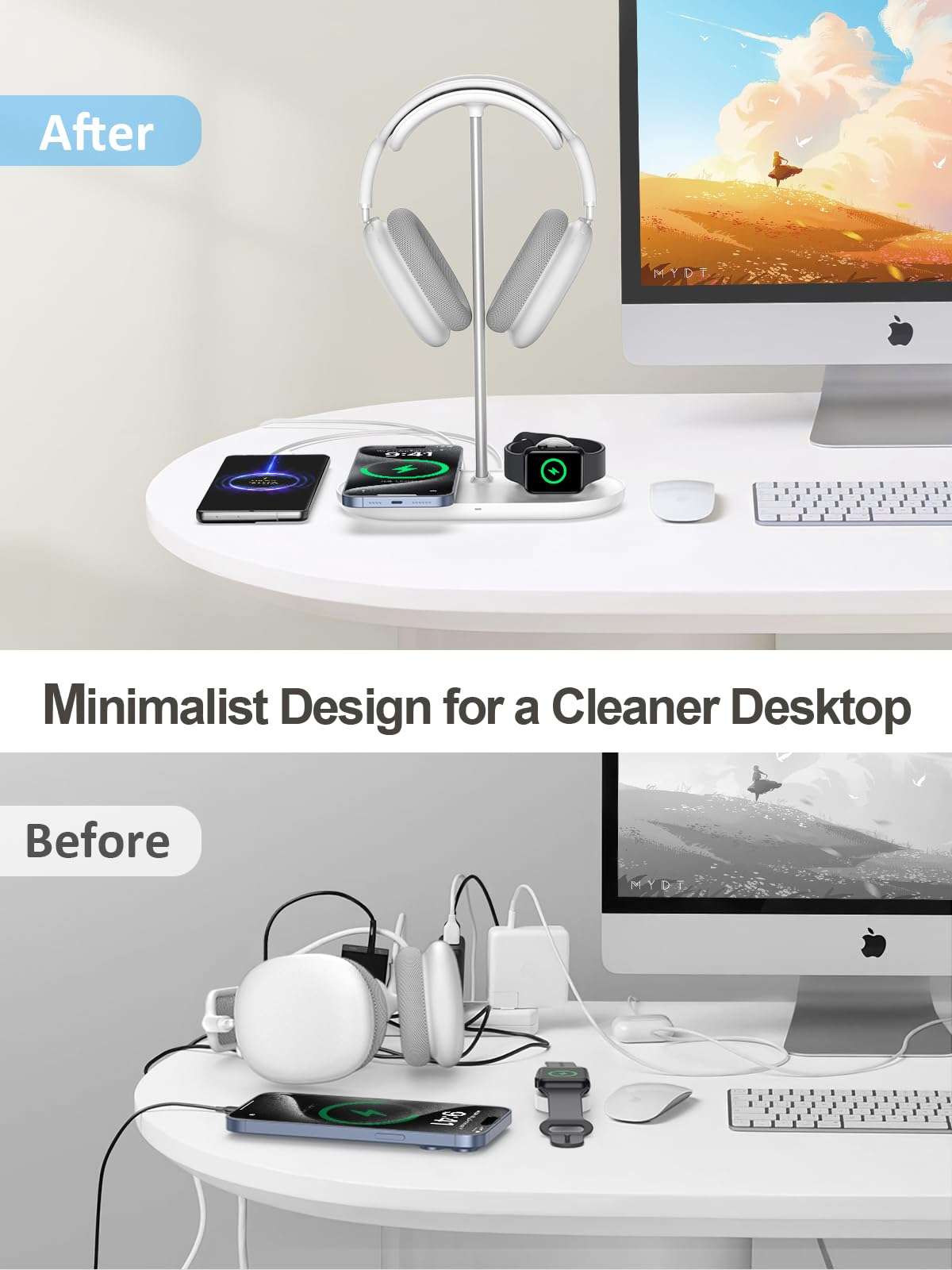 TopMade 5 in 1 Headphone Stand for Desk with Wireless Charger & USB Charging for iPhone/AirPods/iWatch, Universal Desktop Gaming Headset Holder for Airpods Max, Bose, Beats, Razer and More, White 6