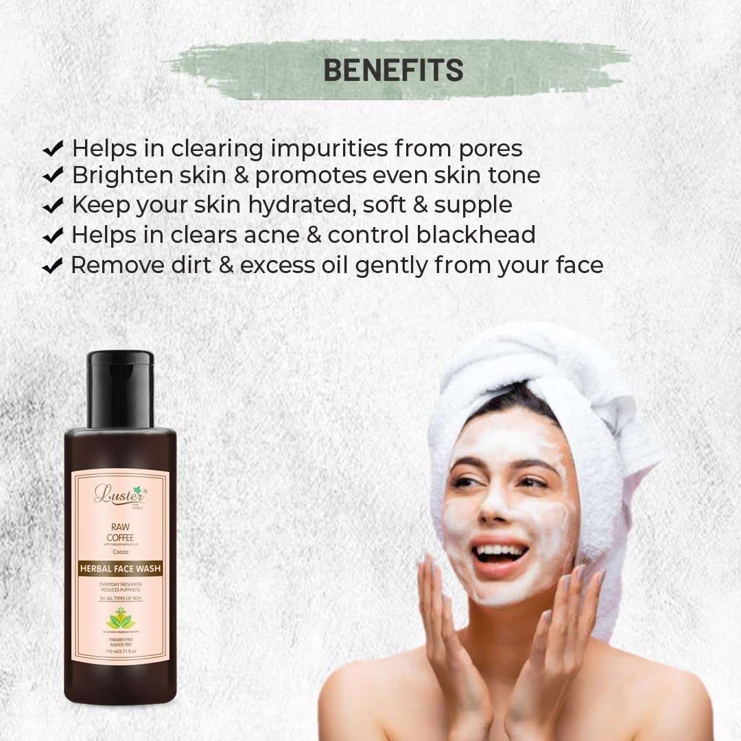 Luster Raw Coffee Face Wash | Enriched With Cocoa Extracts | Reduces Puffiness | Face Wash For Glowing Skin | Women & Men’s Face Wash (Paraben & Sulphate Free) -110 ml 3