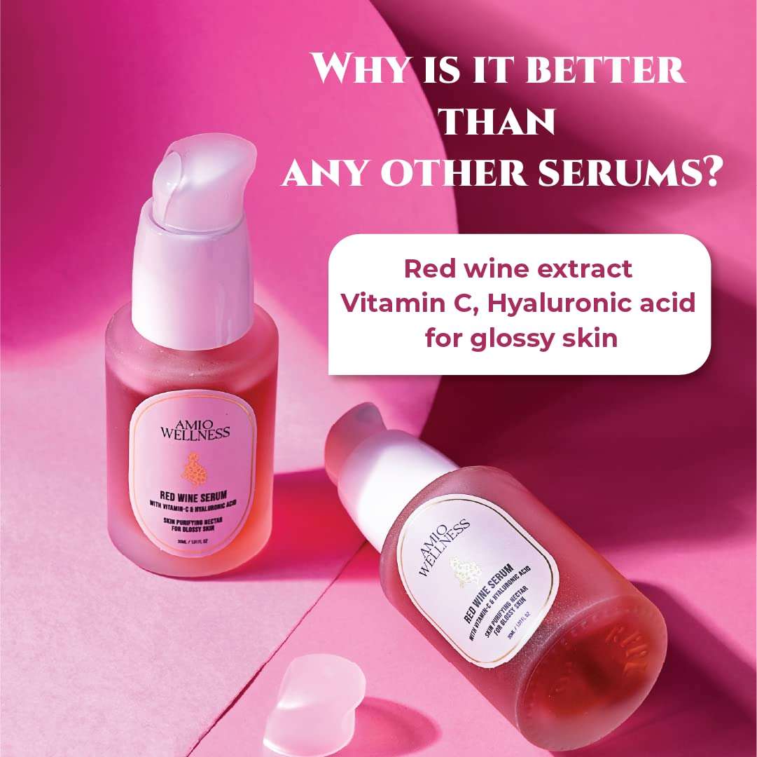 Amio Wellness Red Wine Serum For Face With Vitamin C and Hyaluronic Acid | Vitamin C Face Serum for Men and Women | Paraben & SLS free | Glowing skin & Reducing Blemishes, excess oil and Acne | Pack of 30ml 3